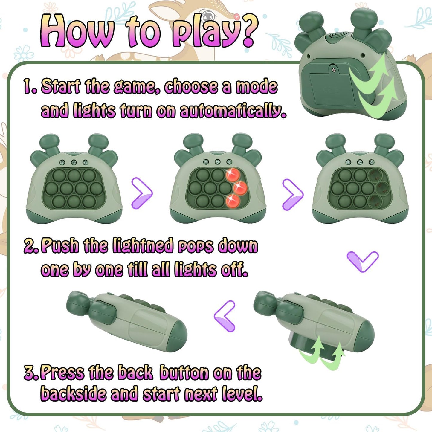 Fast Push Game, Deer Handheld Speed Push Bubble Game Console, Light up Pop Game Sensory Fidget Toys for Kids, Autism Sensory Toys, Birthday Easter Toy for Boys Girls Adults(Green)