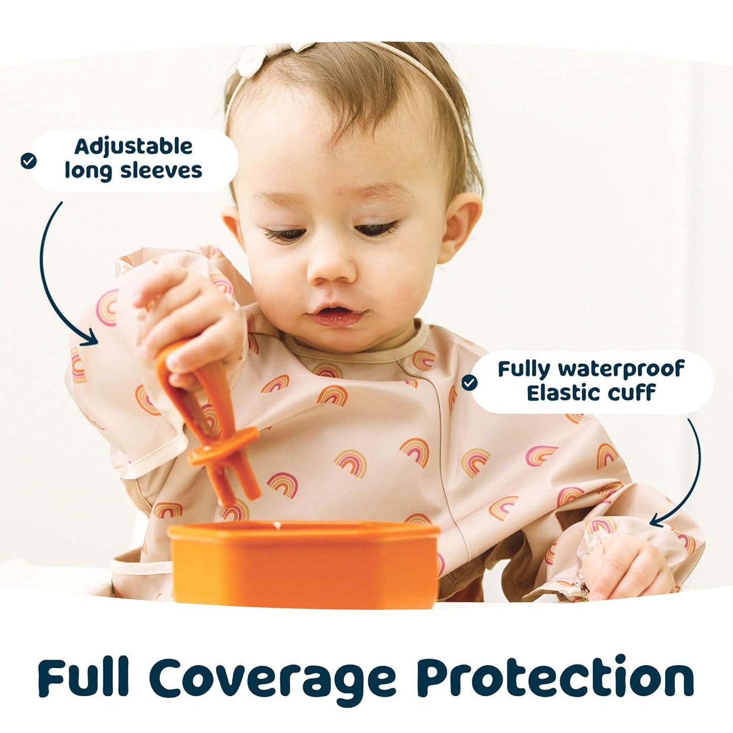 Tiny Twinkle Mess Proof Baby Bib,Waterproof Smock Baby Bib for Eating,Machine Washable Long Sleeve Bib,Baby Led Weaning,Toddler Bib,BLW Supplies(Boho Rainbow, Small 6-24 Months)