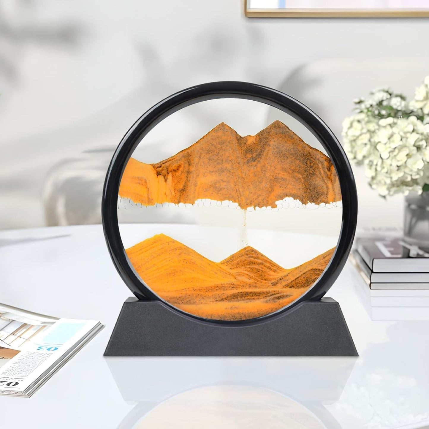 Drakswet Moving Sand Art Liquid Motion，Moving Sand Art Picture-3D Deep Sea Sandscape，Round Glass Frame Display Flowing Sand Relaxing Desktop Home Office Work Decor (Orange)