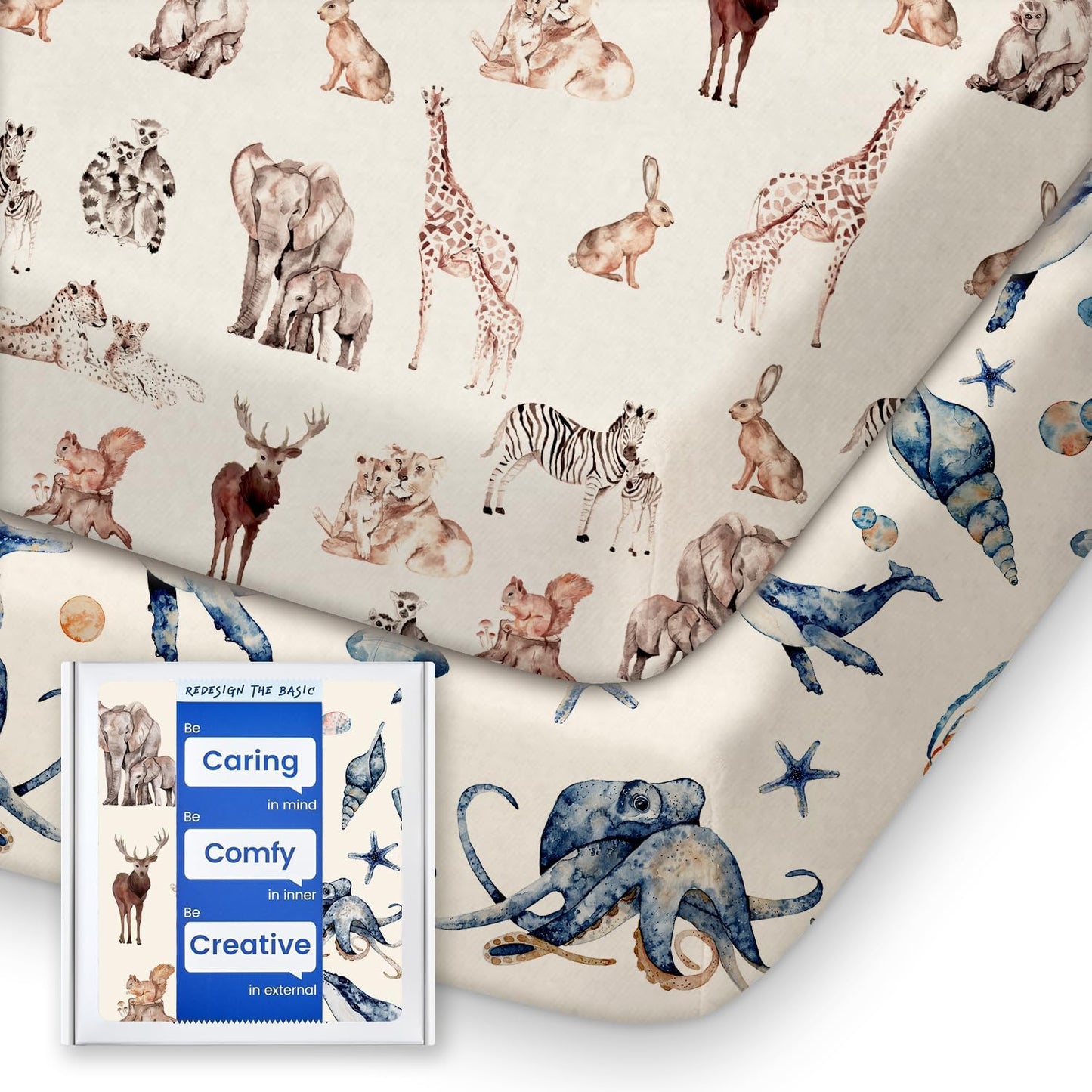 Graco Pack and Play Fitted Sheets - 2 Pack Mini Crib Sheets, Hypoallergenic and Soothing, Premium Jersey Fabric, Safari Sea Animals Pattern