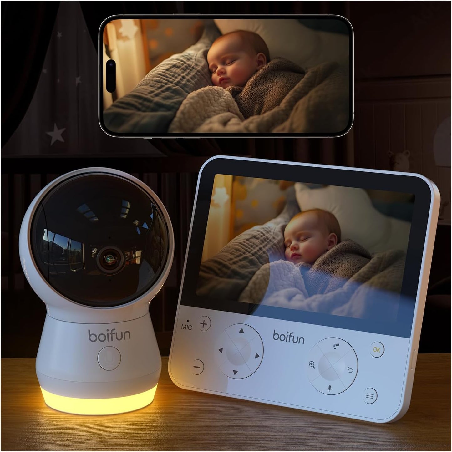 BOIFUN 5.5" AI 4MP Baby Monitor Pro Max: App (Wi-Fi) and Monitor (No Wi-Fi) Control, Upgrade AI Detection (Tummy Sleeping & Face Area), Colorful Night Light, 360° Camera, Motion & Sound Detection