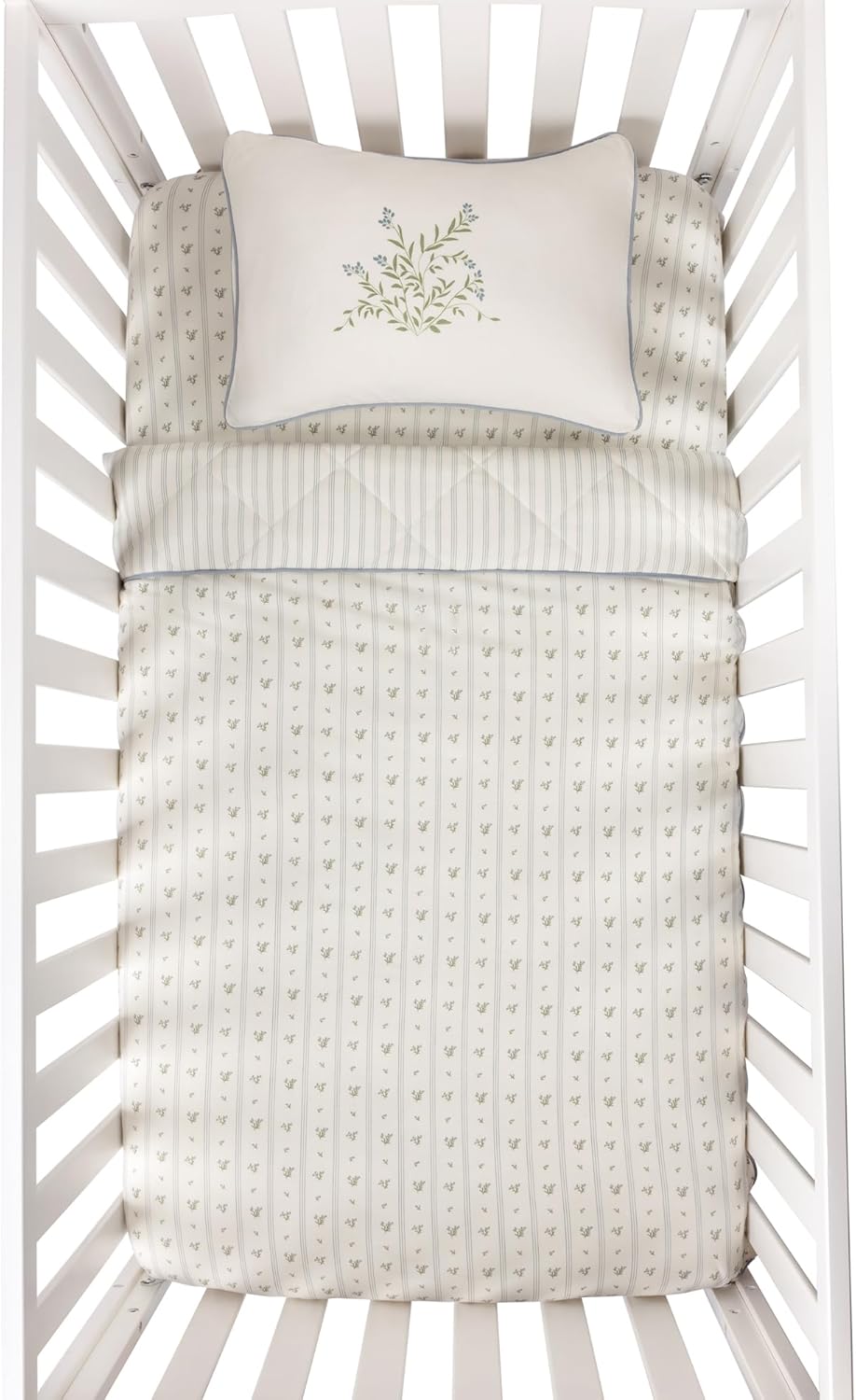 Ely's & Co. Mini Crib Bedding Set for Boys, 4 Piece Set Includes – 1 Fitted Mini Crib Sheet, Quilted Comforter and Decorative Pillowcase with Insert, Blue Linear Berry Collection