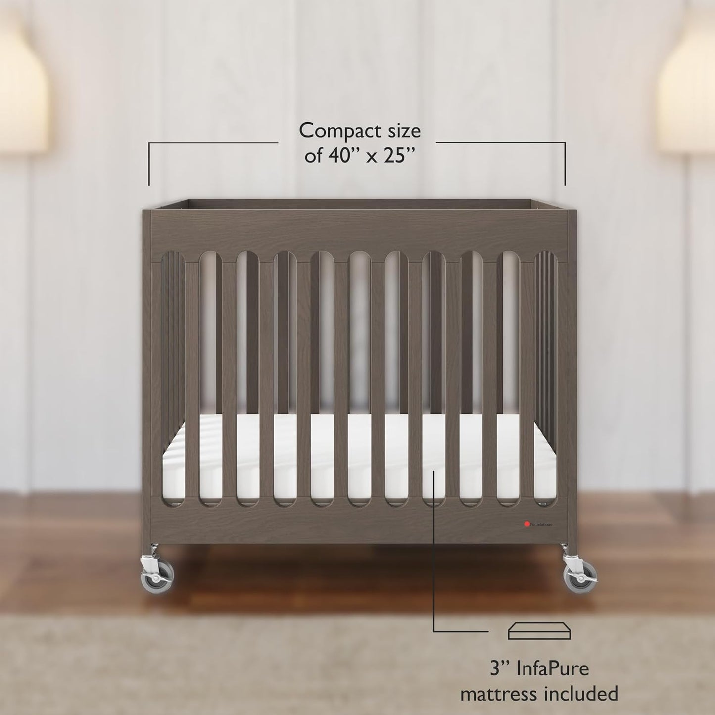 Foundations Boutique Folding Mini Baby Crib - Compact, Portable, Wooden Hotel Crib, Foldable Compact Cribs for Baby & Toddlers - Includes 3" Foam Mattress - Dapper Gray