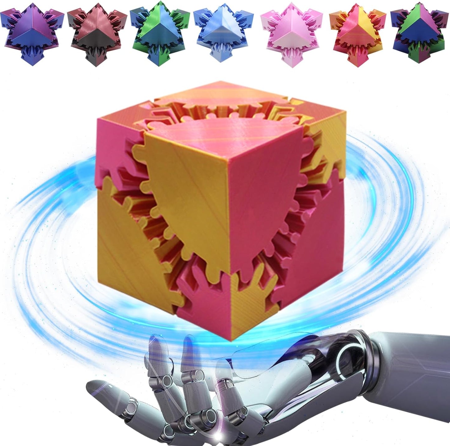 Gear Sphere Gear Cube 3D Printed Gear Ball Spin Cube Fidget Toy Relieving Stress & Anxiety, Fidget Cube GearSphere Desk Toy, Whirling Wonder Fidget for Sensory and Autism (Laser Red Gold)
