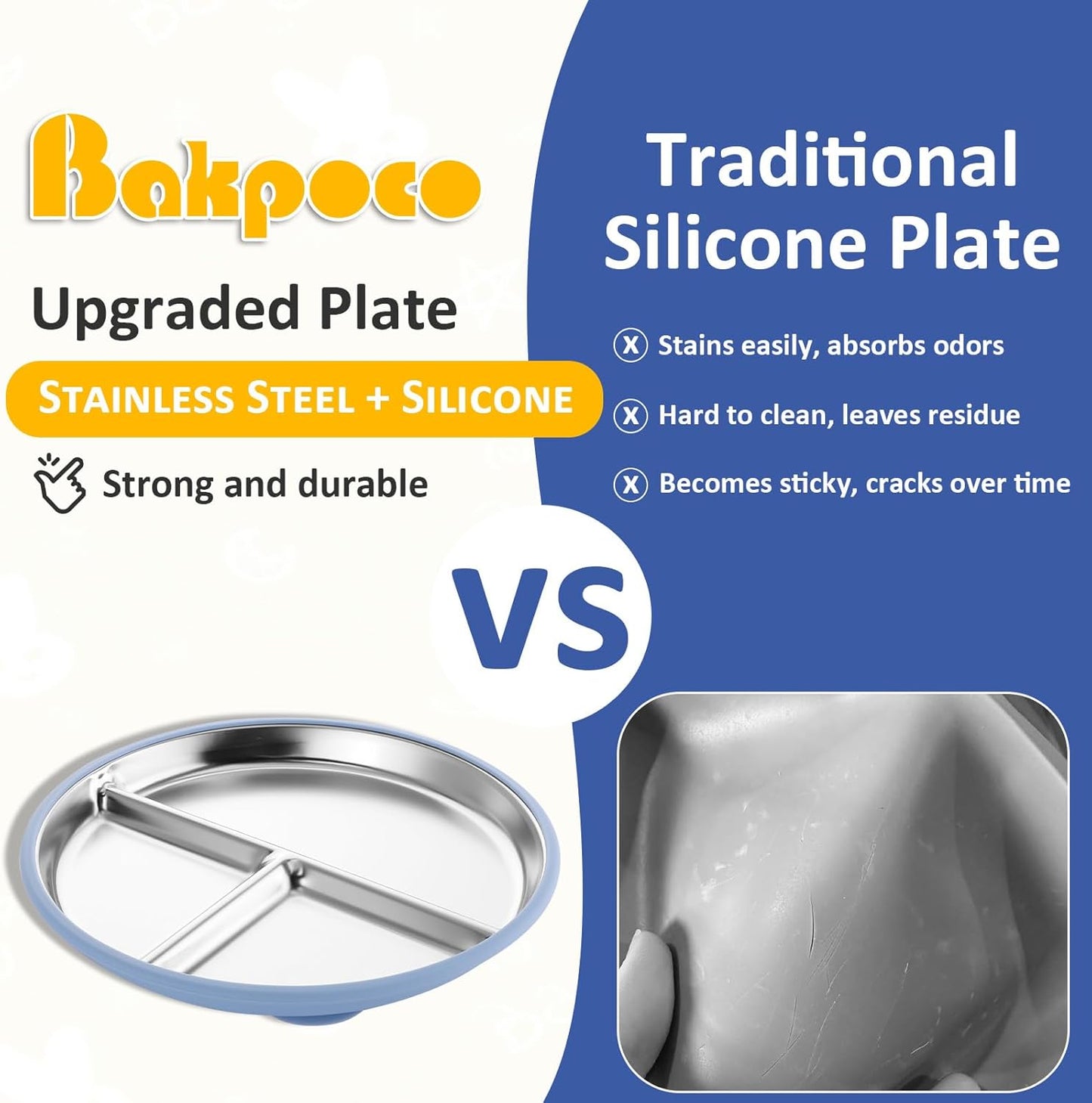 Stainless Steel Suction Plates for Toddlers, 9" Divided Kids Baby Plates with Removable Silicone Suction, Non Toxic Non Slip Portion Control Snack Dishes 4 Packs, Blue Green Gray Pink