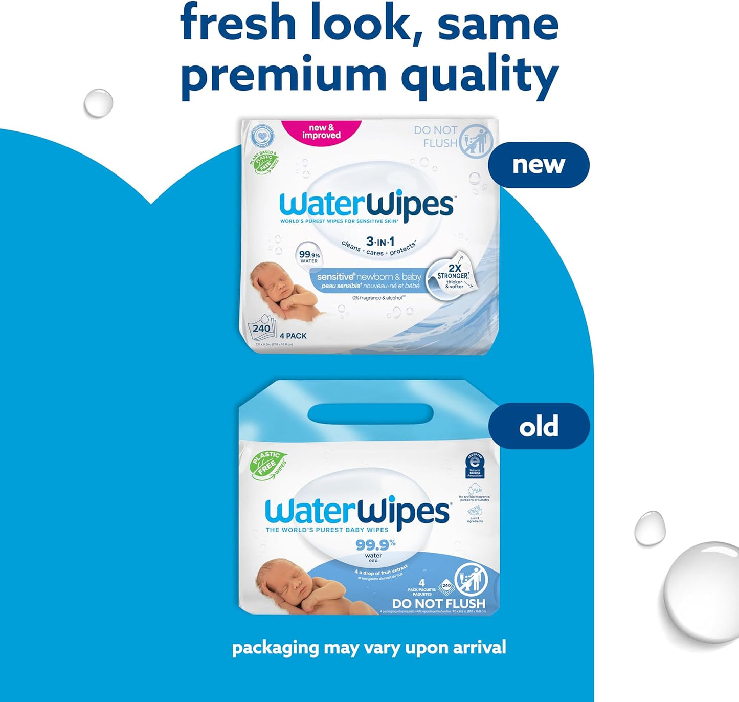 WaterWipes Sensitive+ Newborn & Baby Wipes, 3-In-1 Cleans, Cares, Protects, 99.9% Water, Unscented & Hypoallergenic, 240 Count (4 Packs)