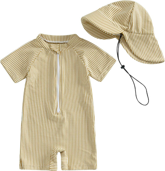 Toddler Baby Boys Seersucker Short Sleeve One Piece Rash Guard Swimsuit Zipper Bathing Suit Swimwear with Hat