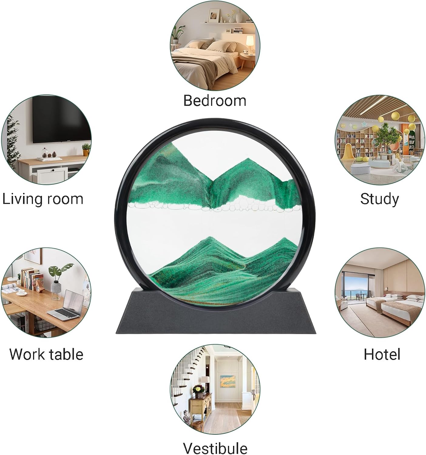 Drakswet Moving Sand Art Liquid Motion，Moving Sand Art Picture-3D Deep Sea Sandscape，Round Glass Frame Display Flowing Sand Relaxing Desktop Home Office Work Decor (Green)