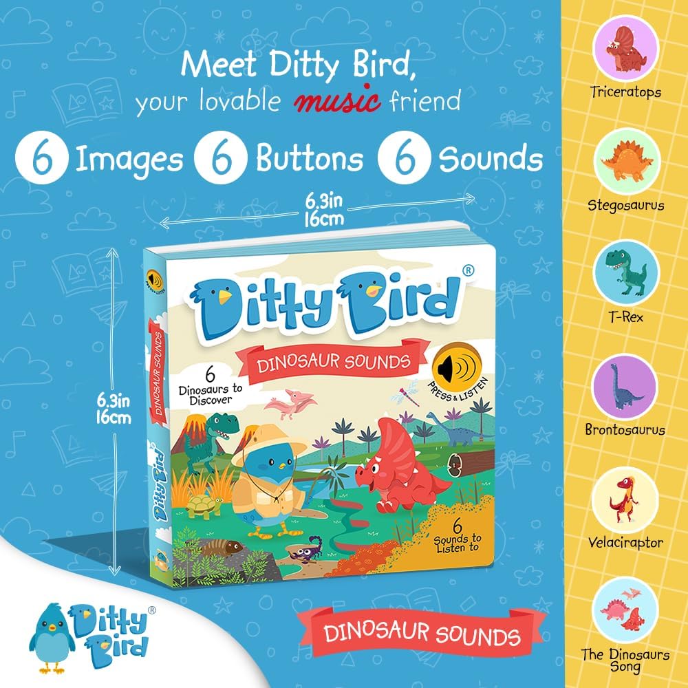 Ditty Bird Dinosaur Book for Toddlers | Realistic Dino Sound Book | Interactive T-Rex Board Books for Toddlers 1-3 | Sensory, Musical Books for Dino Lovers | Sturdy Nursery Rhyme Toys for Baby