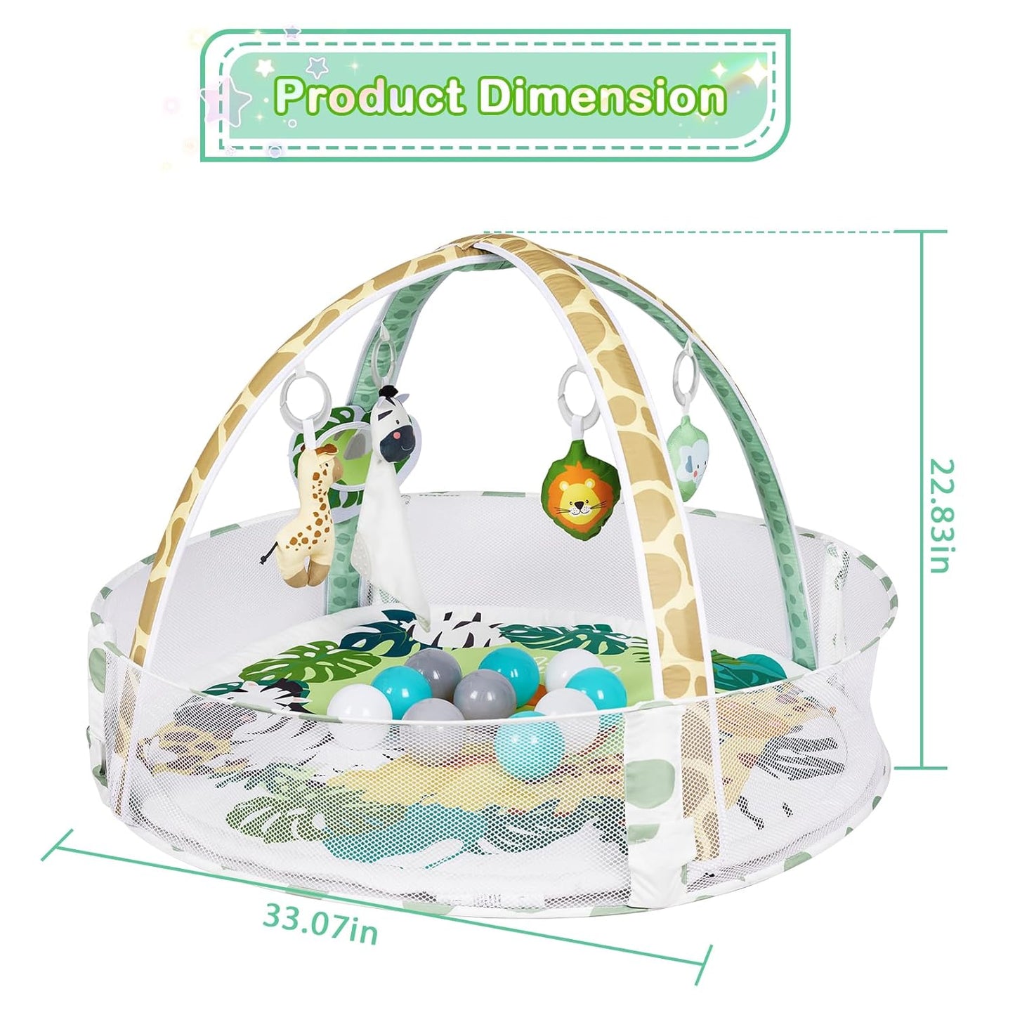 Baby Play Mat, 4-in-1 Baby Play Gym Tummy Time Mat with Ball Pit and 5 Detachable Toys for Newborn to Develop Sensory Exploration and Motor Skill 0-6-12 Months