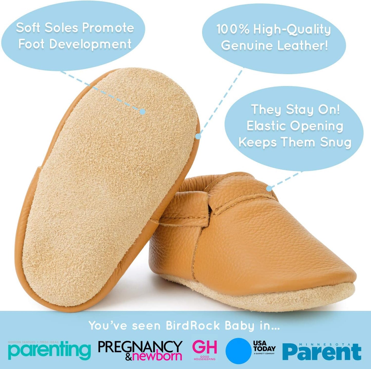 BirdRock Baby Fringeless Moccasins - Genuine Leather Boys and Girls Shoes for Newborns, Infants, Babies, Toddlers