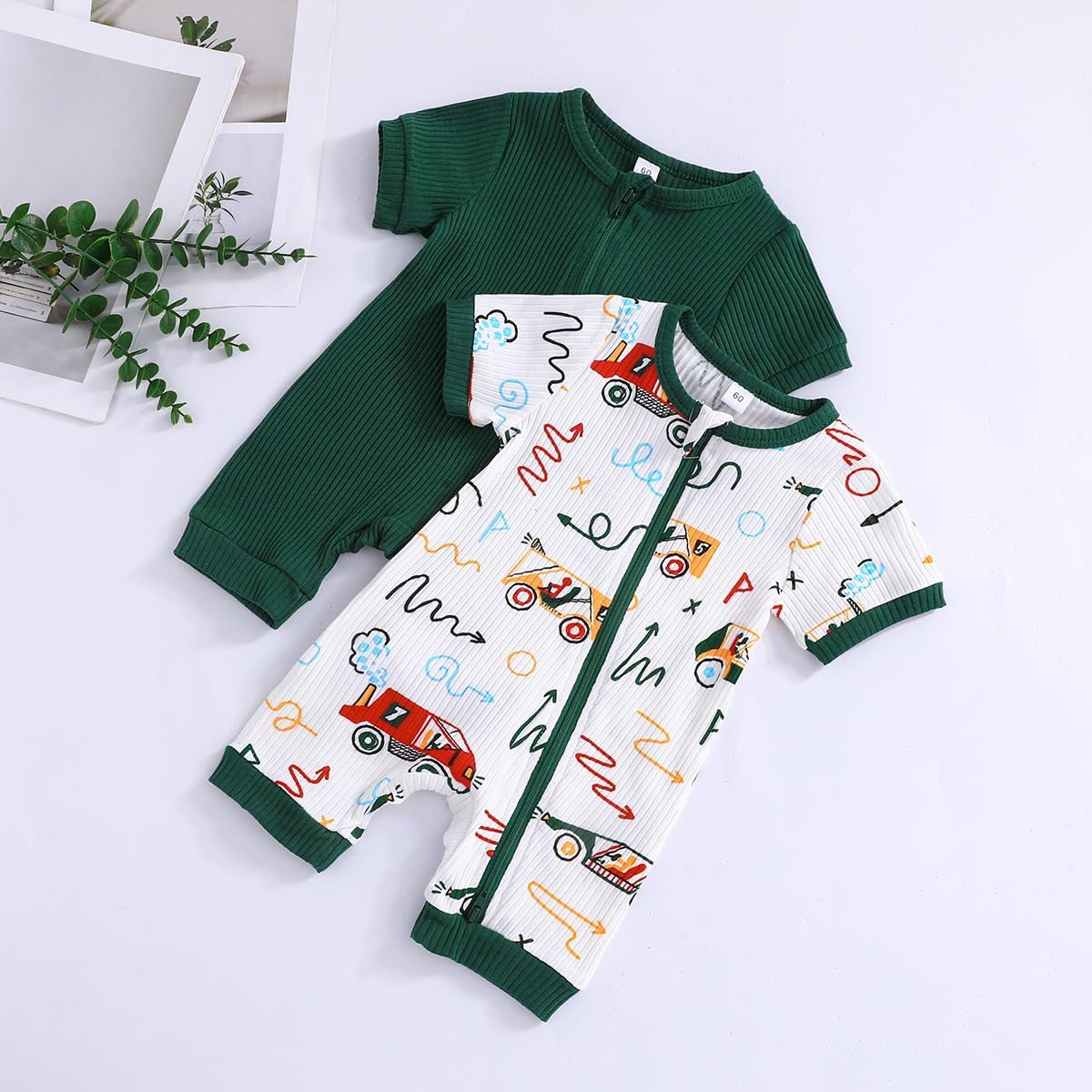 Bafeicao Unisex Baby Boy Girl 2 Pack Rompers Short Sleeve 2 Way Zipper One Piece Jumpsuits Clothes Sets