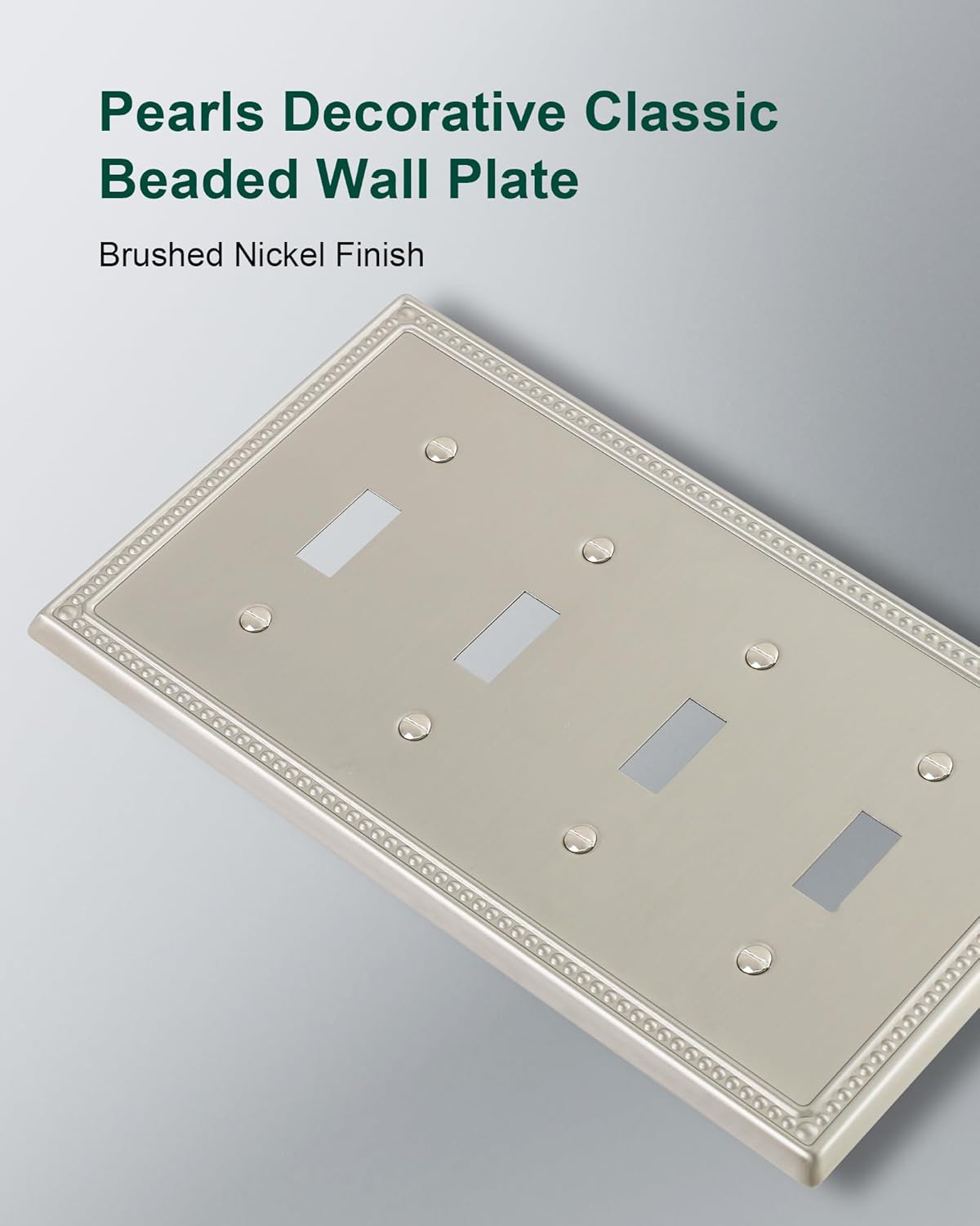 2-Pack Quad Toggle Light Switch Cover Plate, 4 Gang Metal Switch Plate Covers, Brushed Nickel Pearls Decorative Wall Plate, Corrosion Resistant