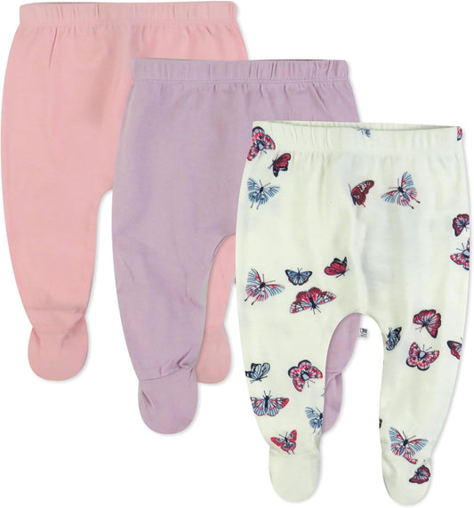 HonestBaby 3-pack Footed Pants Roomy Fit Pull on Bottoms 100% Organic Cotton for Infant Baby Boys, Girls, Unisex