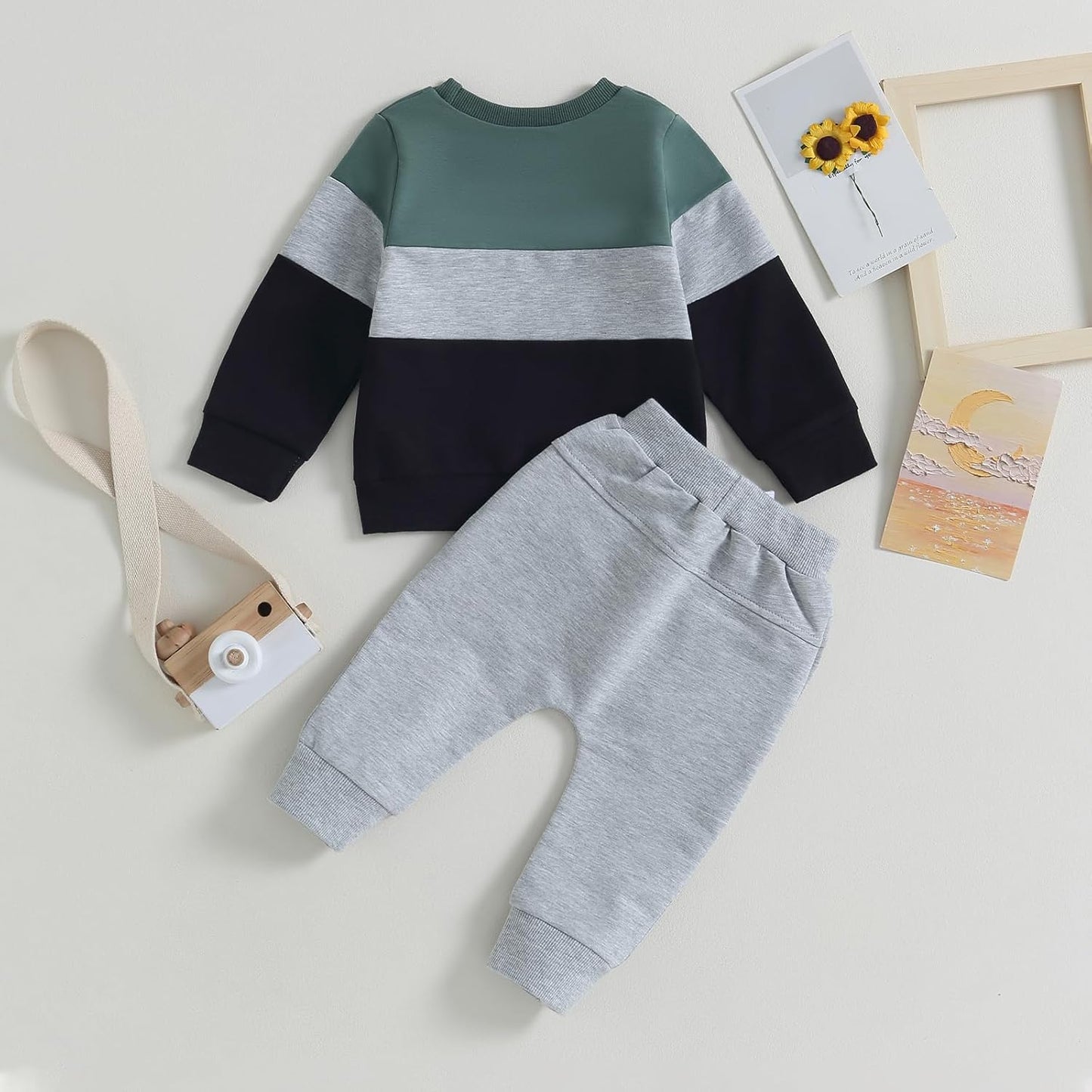 Kupretty Toddler Baby Boy Fall Winter Clothes Color Block Long Sleeve Sweatshirt Pullover Tops + Joggers Pants Outfit Set