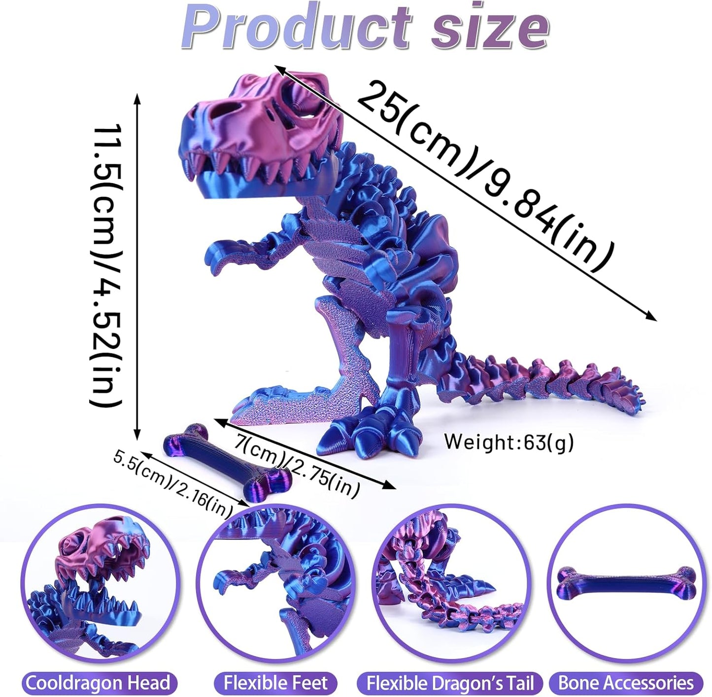 3D Printed Dinosaur Bone Skeleton Tyrannosaurus Rex with Movable Jaw Fidget Dinosaur Toys Full Articulated Dinosaur Executive Desk Toys Home Office Decor, Blue