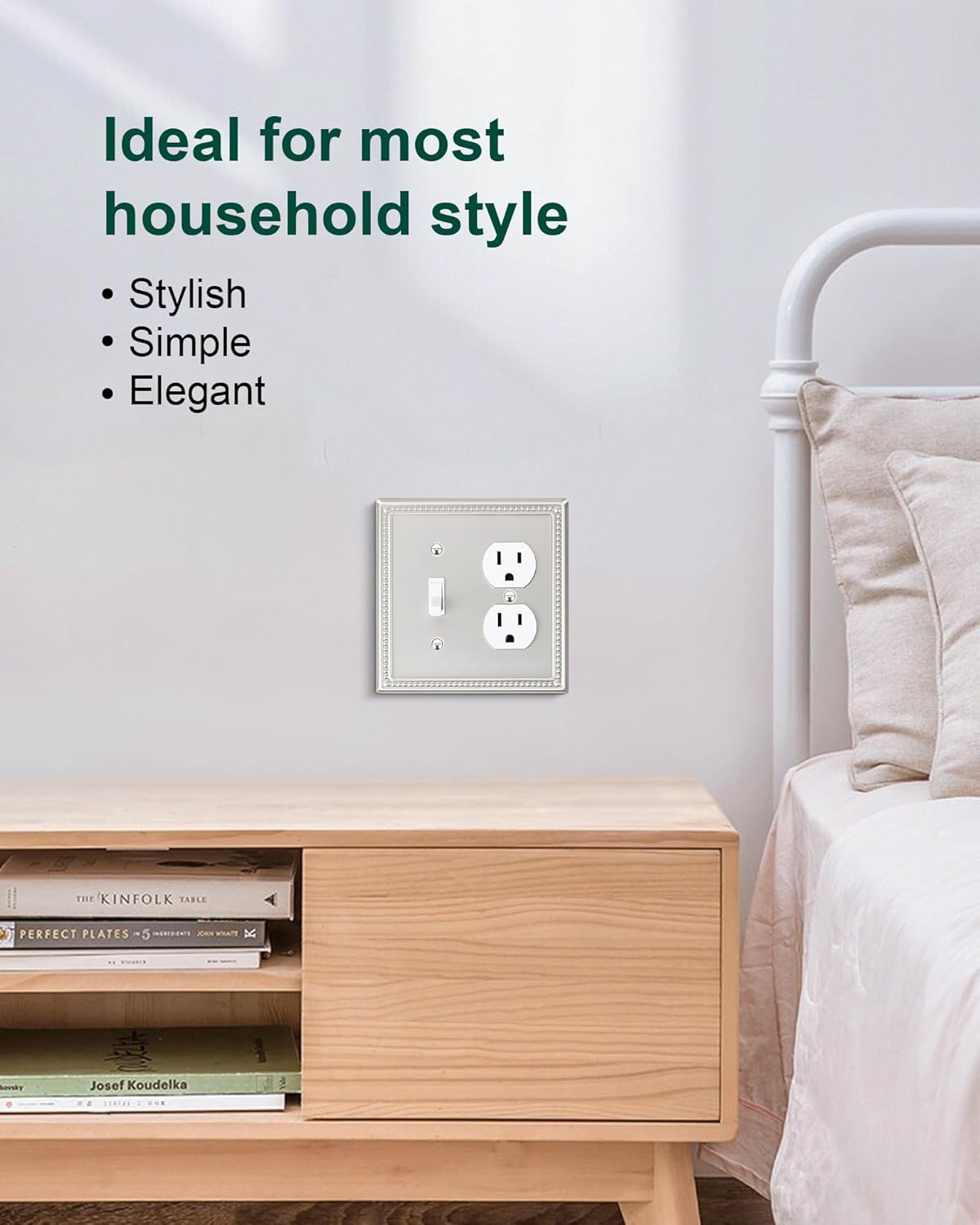 2-Pack Combo Toggle/Duplex Light Switch Cover Plate, Brushed Nickel Metal Wall Outlet Cover, Decorative Classic Beaded Wall Plate