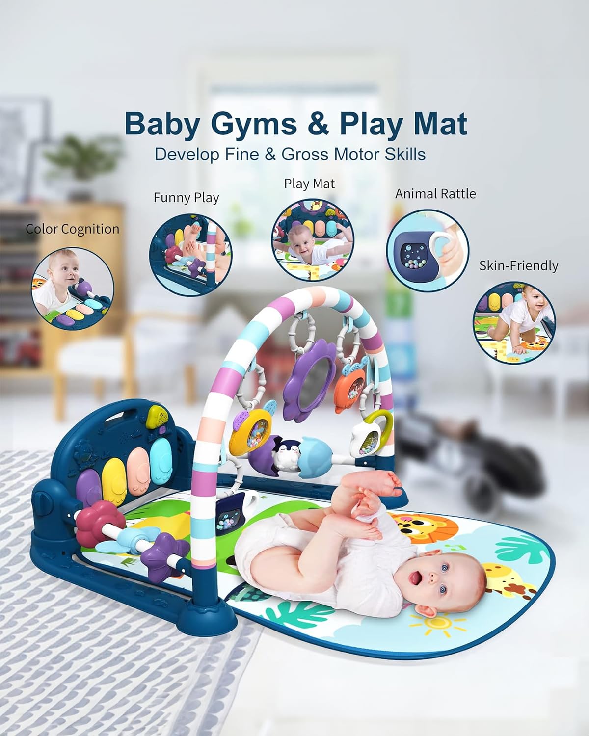 dearlomum Baby Play Mat Baby Gym,Funny Play Piano Tummy Time Baby Activity Mat with 5 Infant Sensory Baby Toys, Music and Lights Boy & Girl Gifts for Newborn Baby 0 to 3 6 9 12 Months（New Blue）