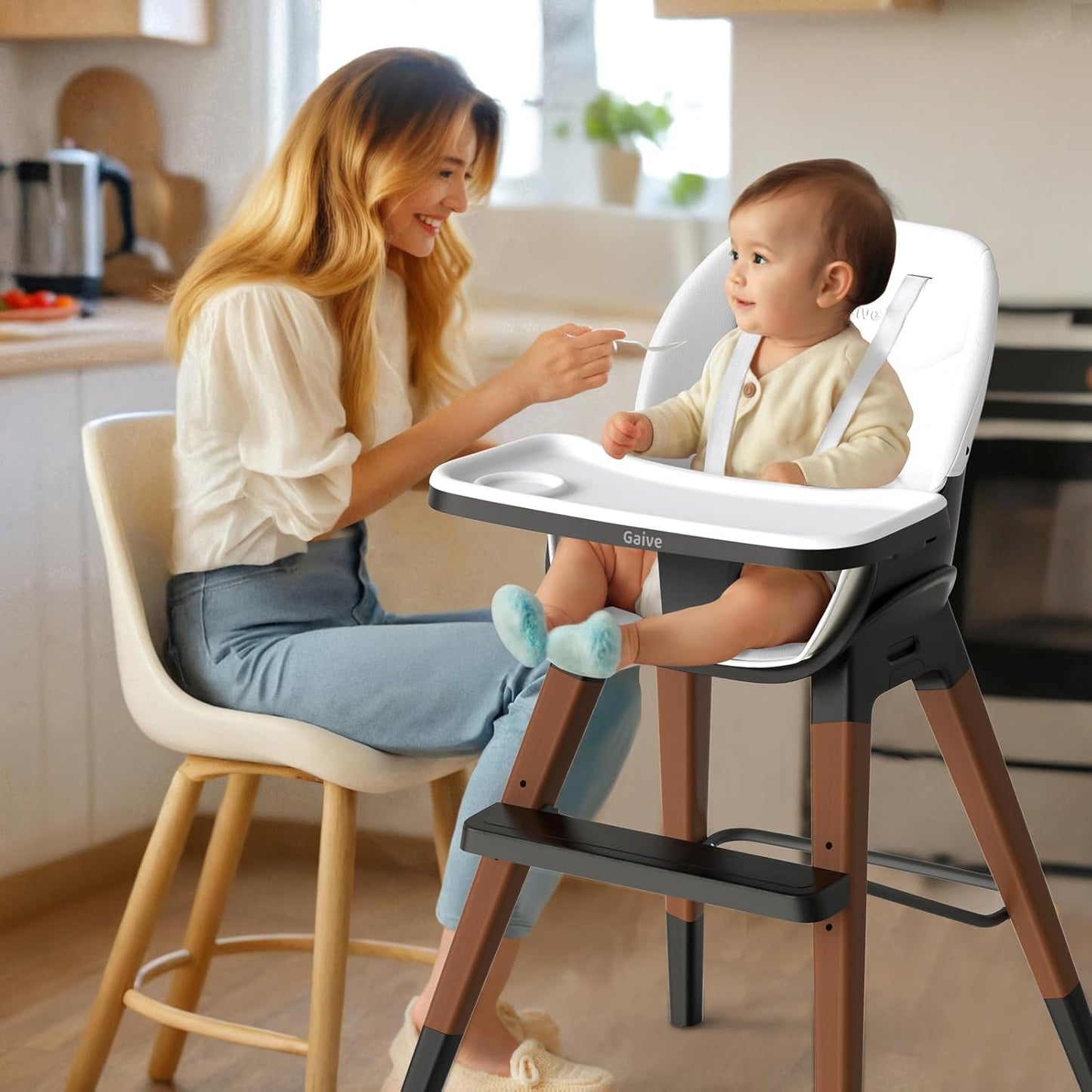 8 in 1 Highchair, Convertible Wooden Baby High Chair with Tray, Adjustable High Chair for Babies and Toddlers, Easy to Clean, Grow with Family|Booster|Learning Table|High Stool