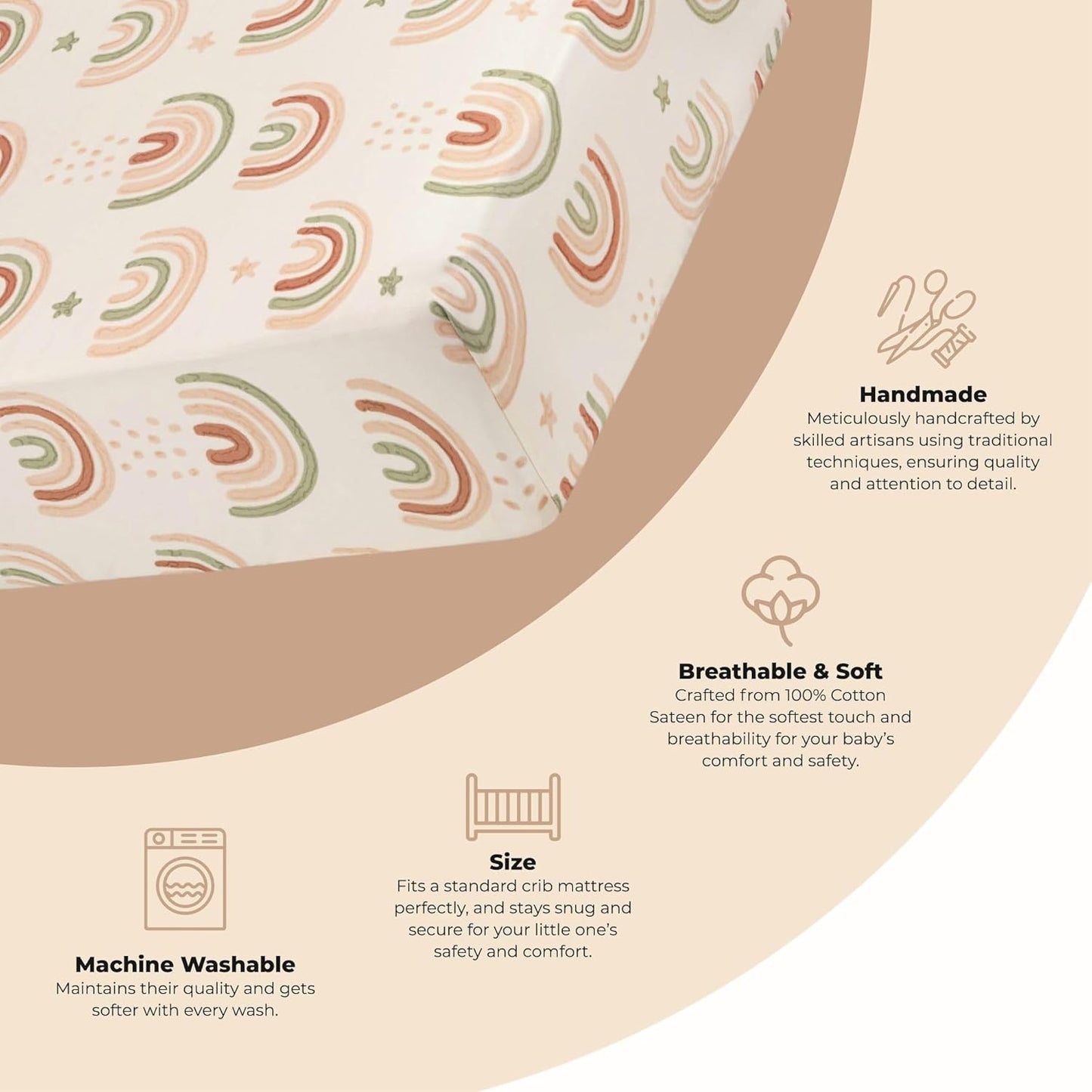Crane Baby 100% Cotton Breathable Fitted Baby and Toddler Sheet for Standard Mattress (28 X 52), Machine Washable Crib Boho Rainbow Boho Rainbow