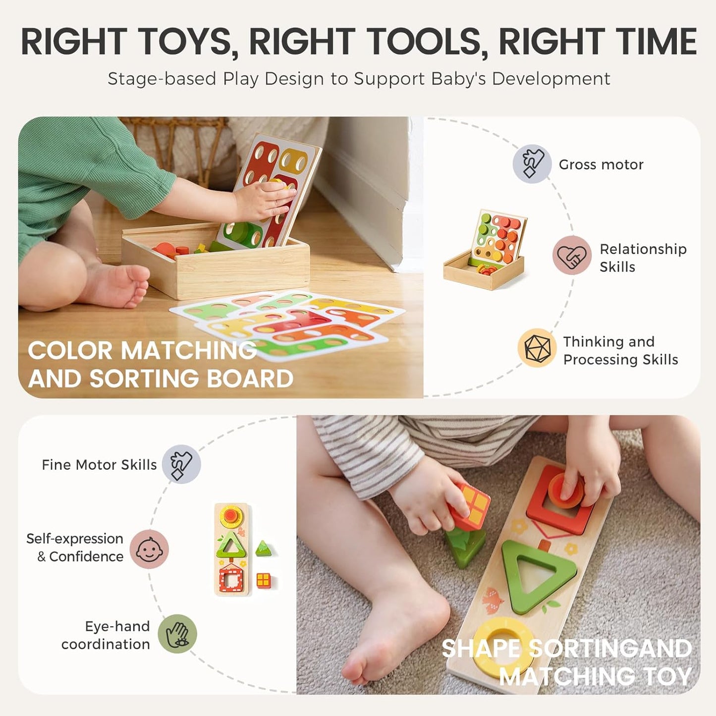 Tiny Land Montessori Toy Set for Babies 18-24 Months Investigator Play Kit- 4-in-1 Wooden Learning Toys with Color Sorting, Lacing Beads, Shape Matching, and Seasons Puzzles