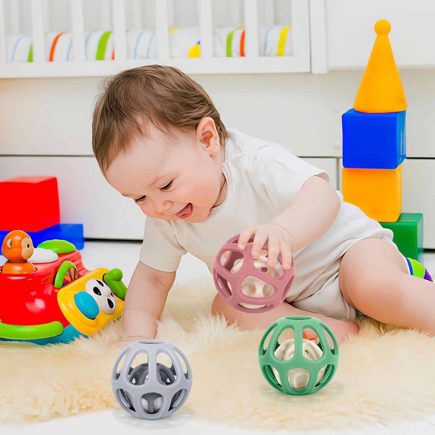 MCGMITT Baby Montessori Sensory Toys for 0-6 6-12 Months, Easy Grasp Food Grade Stretchy Silicone Baby Teether Teething Rattle Toys, BPA-Free Infant Teether Ball Chew Rattle Toys Shower Gifts