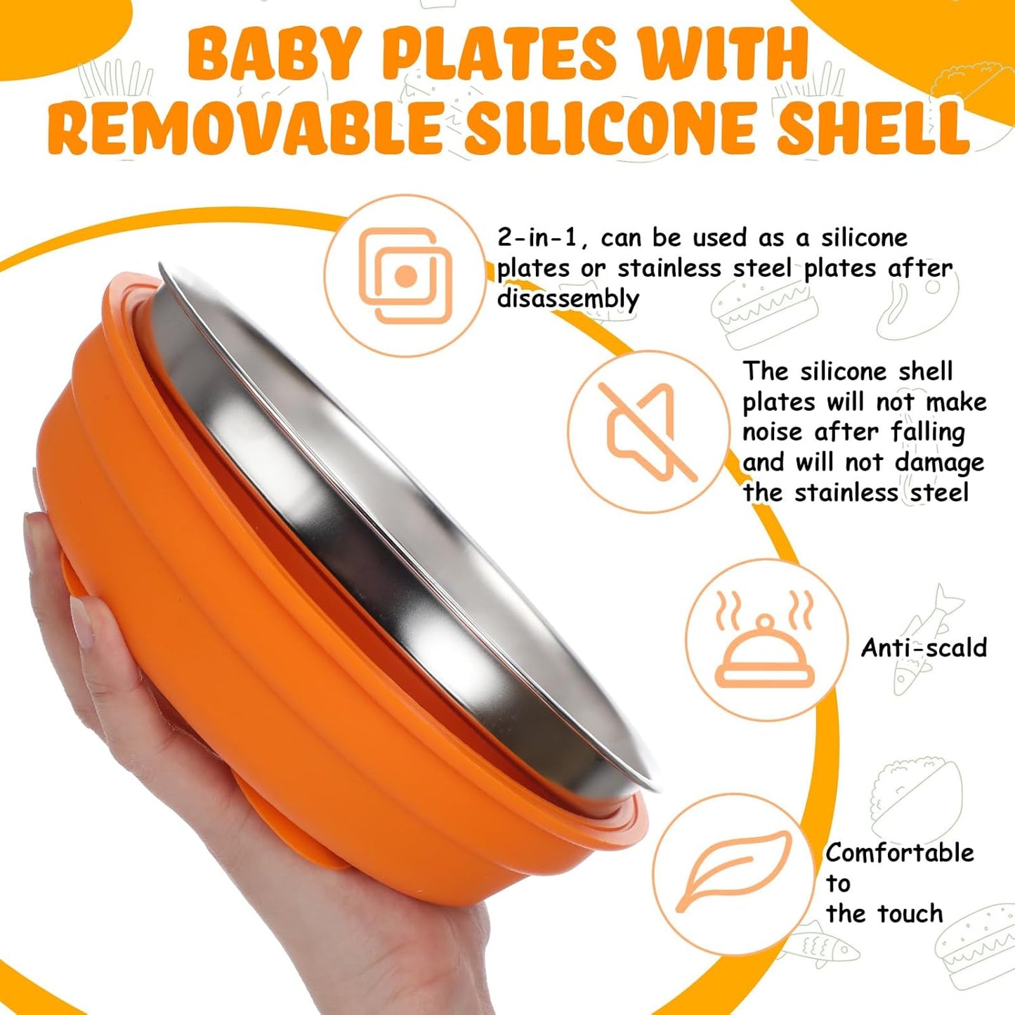 Nuogo 2 Pcs Stainless Steel Baby Suction Plates with Removable Silicone Shell 2-in-1 Metal Toddler Bowl Divided for Picky Eaters Kids Feeding Led Weaning Supplies, Dishwasher Safe (Orange,Red)