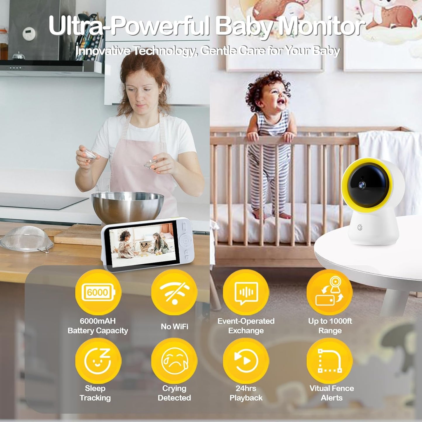 Ellie Baby Monitor No WiFi, Baby Monitor with Camera and Audio, 5" IPS 1080P with Wall Mount, 6000mAh Battery, 1000ft Range, Smart Monitoring 24hrs Playback, AI Cry Detection & Sleep Tracking