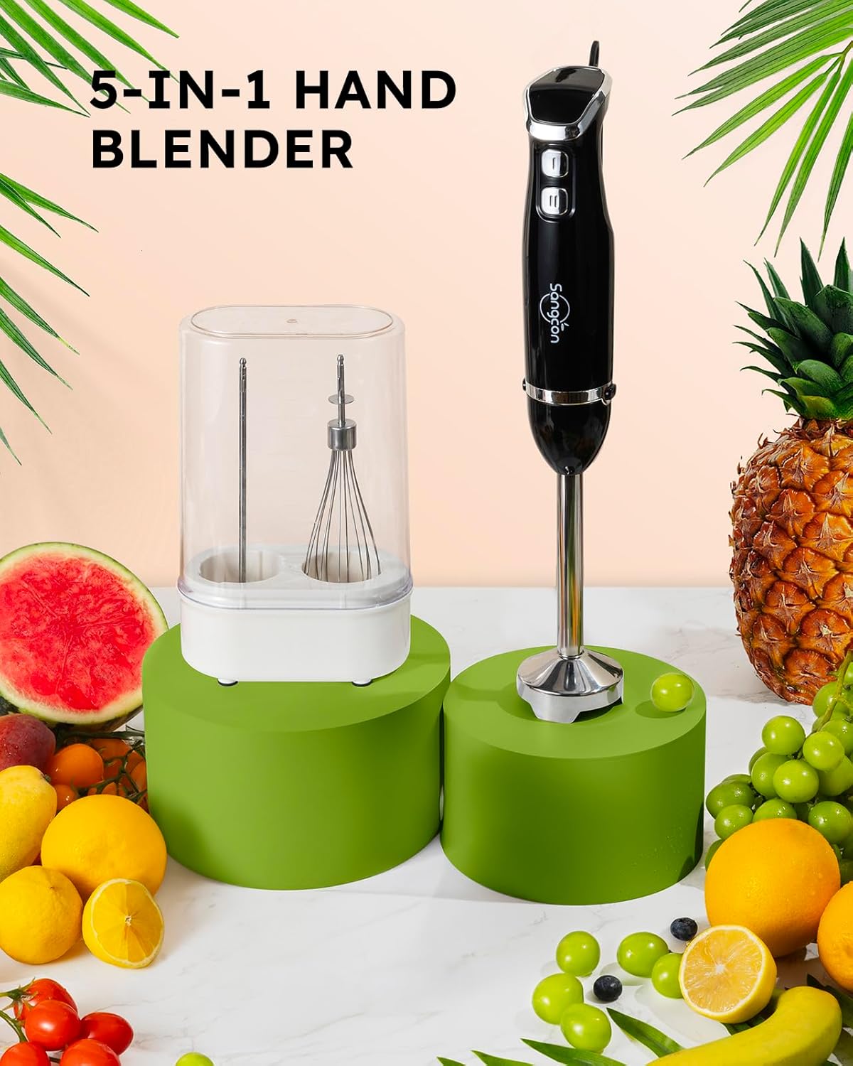 Sangcon 5-in-1 Immersion Blender Handheld, Hand Blender with 1000ml Blending Cup Storage Base, 2-Speed Adjustable Stick Blender, 304 Stainless Steel Blades, Detachable Blender, Whisk, Milk Frother