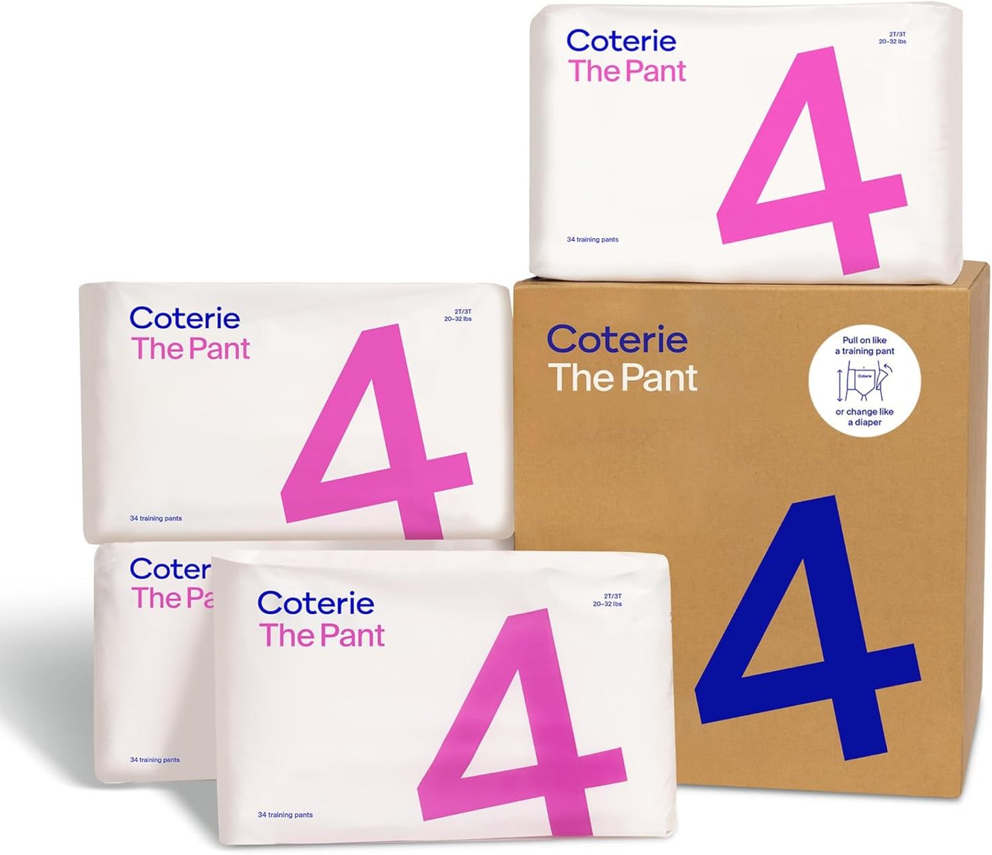 Coterie The Pant, Size 4, Pull Up Style Diapers for Sensitive Skin, Hypoallergenic, Super Absorbent Overnight Leak Protection, 2T/3T (20-32 lbs) 136 Count
