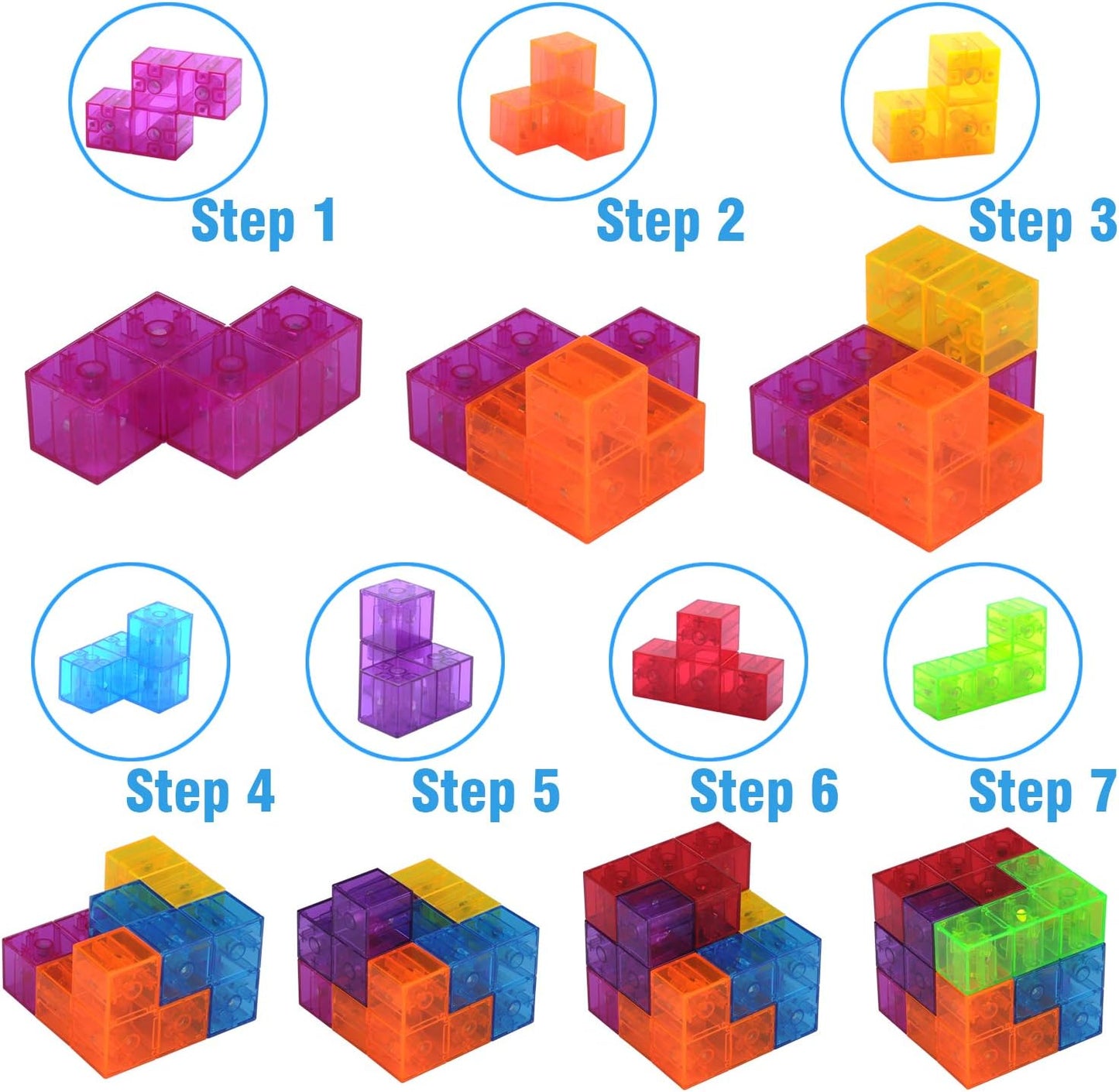 WorWoder Kids Magnetic Building Blocks Magic Magnetic 3D Puzzle Cubes, Set of 7 Multi Shapes Magnetic Blocks with 54 Guide Cards, Intelligence Developing and Stress Relief Fidget Toys for Kids (Blue)