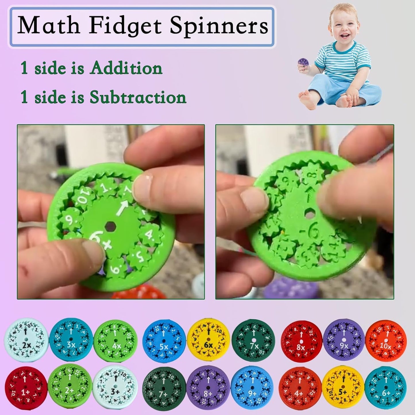 Math Fidget Spinners,3D Printed Math Fidget Toy Multiplication,Math Fact Fidget Toys for Kids Fun Early Education Math Fidget Spinner Games,Perfect for Stimmers & Fidgeters 9pcs (Add Or Subtract)