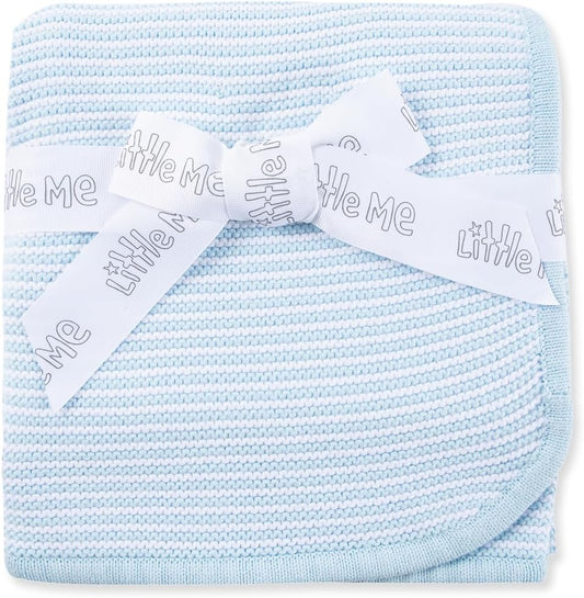 Little Me Knit Baby Blanket – 100% Soft Cotton, Snuggly and Breathable, Perfect as a Swaddle, Stroller Blanket or Nursery Decor for Boys and Girls, Blue Stripe, 30 x 40 Inches