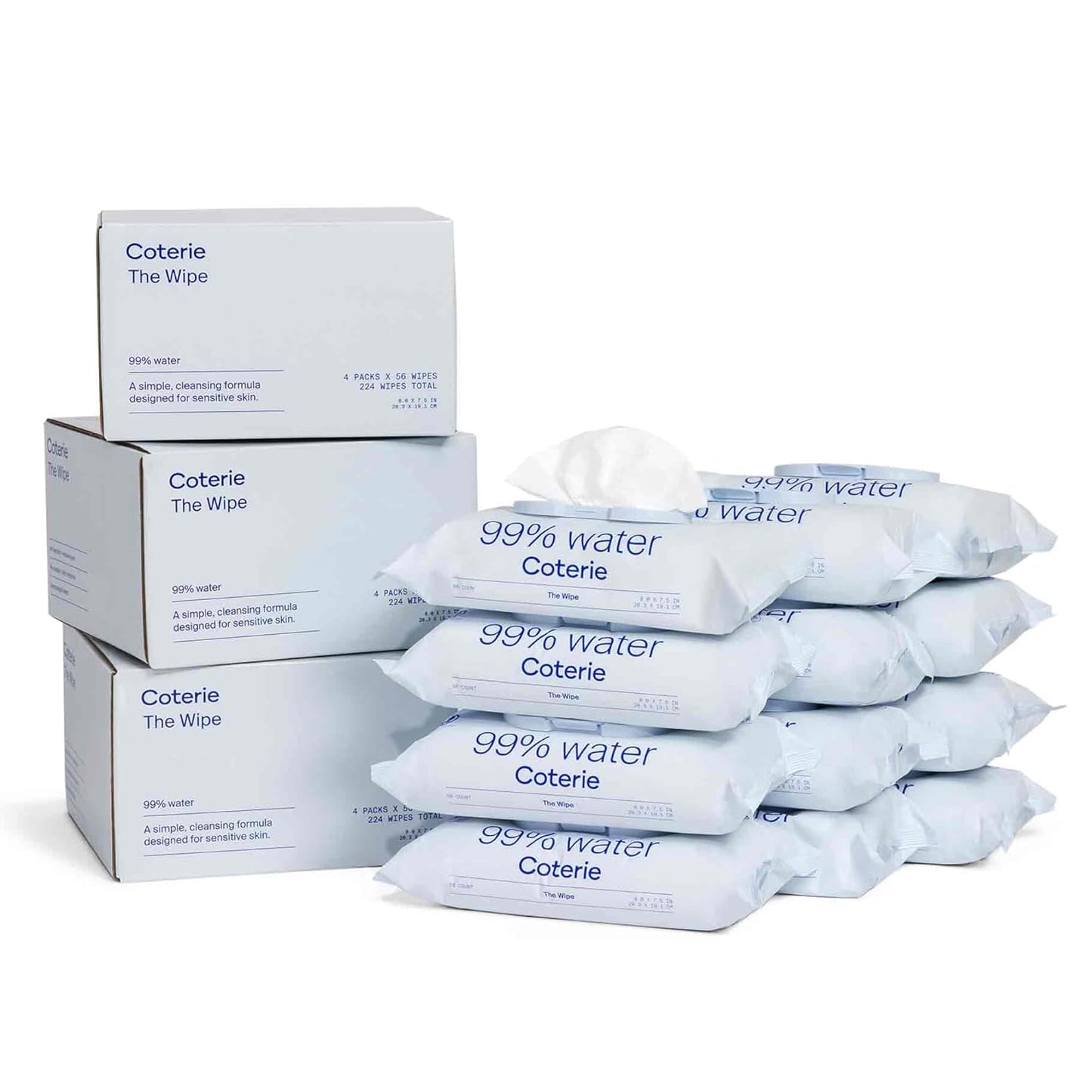 Coterie Baby Wipes for Sensitive Skin, Plant-Based and Plastic-Free Fibers, 99% Water, Hypoallergenic, pH Balanced, Unscented, Clean and Gentle Baby Essentials, 12 Pack, 672 Count