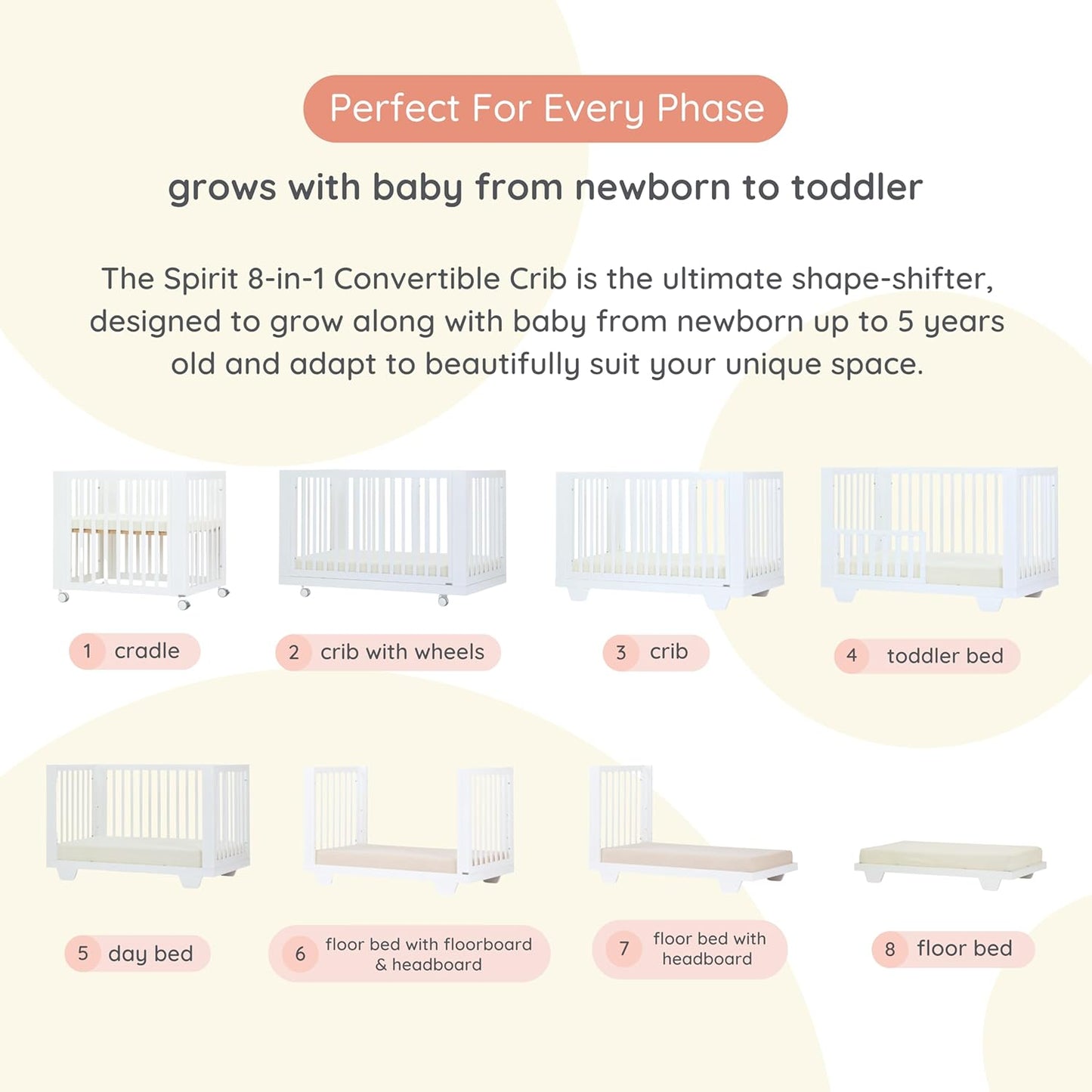 dadada Spirit 8 in 1 Convertible Crib to Toddler Bed & Floor Bed, Made in Italy, Greenguard Gold Certified, Adjustable Mattress Heights (White)