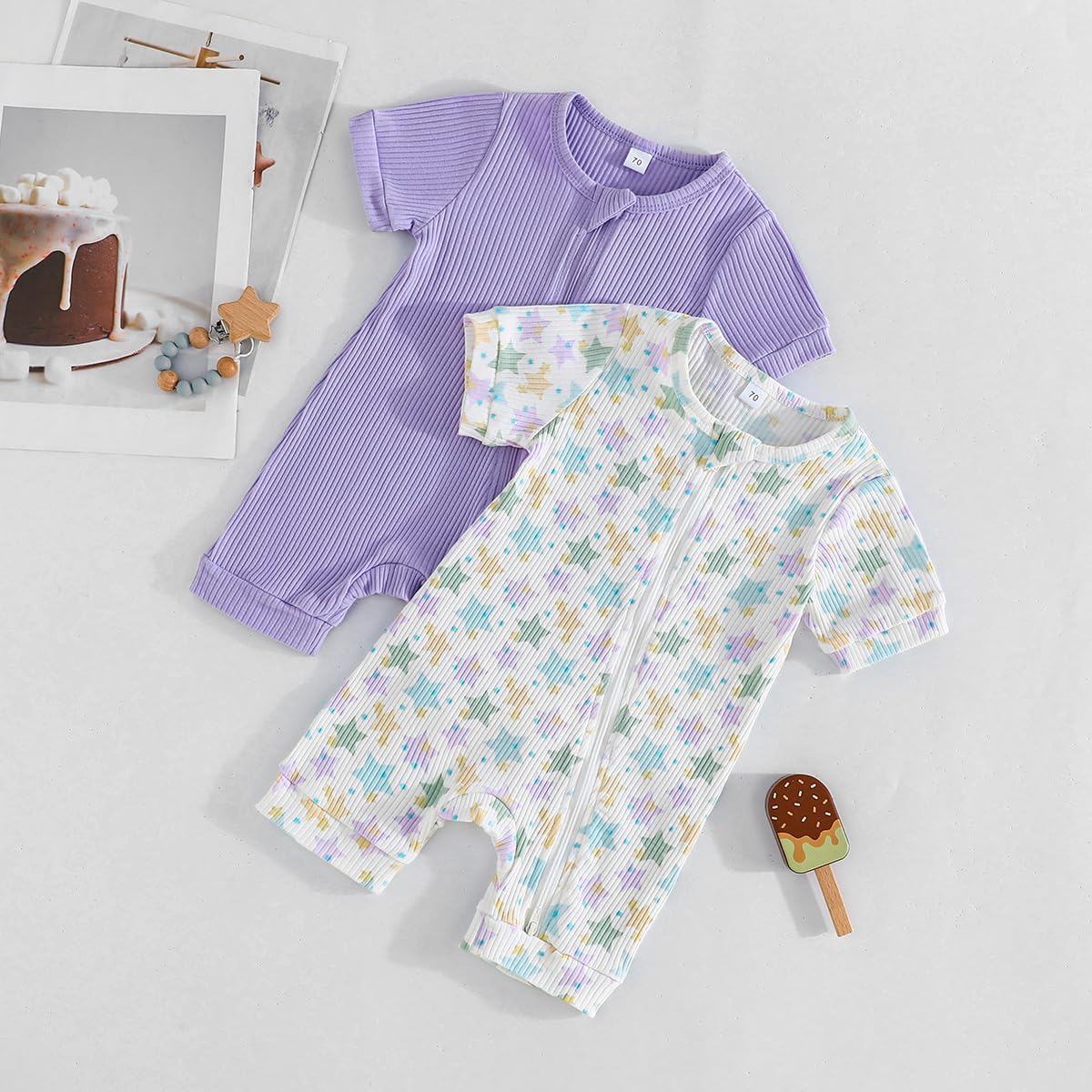 Bafeicao Unisex Baby Boy Girl 2 Pack Rompers Short Sleeve 2 Way Zipper One Piece Jumpsuits Clothes Sets