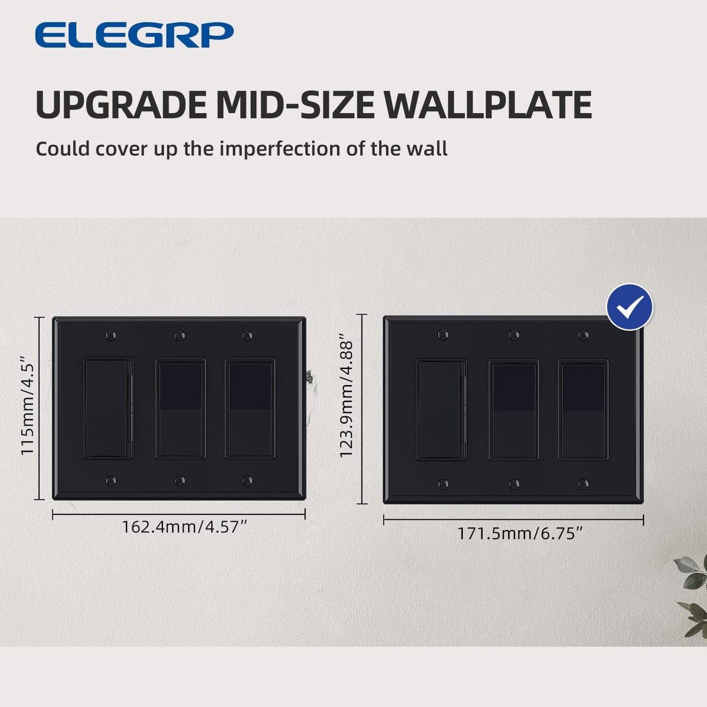 ELEGRP 3-Gang Decorative Wall Plates, Mid-Size 4.88" H x 6.75" L Unbreakable Thermoplastic Faceplate Cover for Decorator Receptacle Outlet Switch, UL Listed (1 Pack, Glossy Black)