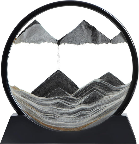 KPNUWN Moving Sand Art Liquid Motion, 3D Deep Sea Sandscape Color Quicksand Decor, Round Glass Moving Sand Art Picture Relaxing Desktop Home Office Work Decor (12 inch-Black)