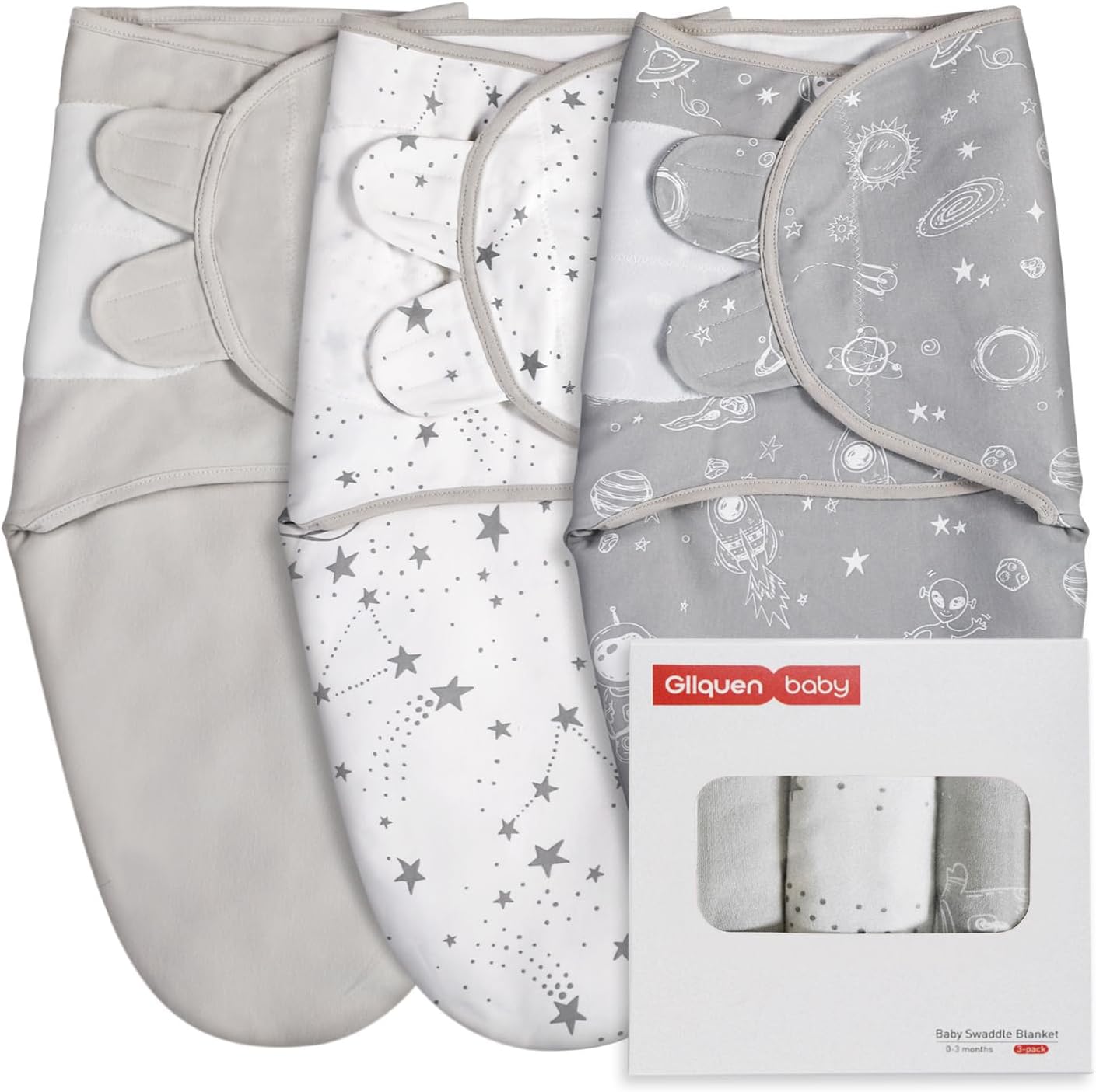 GLLQUEN BABY Organic Newborn Swaddles Sleep Sack, Swaddle Blankets for Baby Boy, 3 Pack Adjustable Wrap Set, Gray Starry Sky & Astronaut, 0-3 Months (Small/Medium)