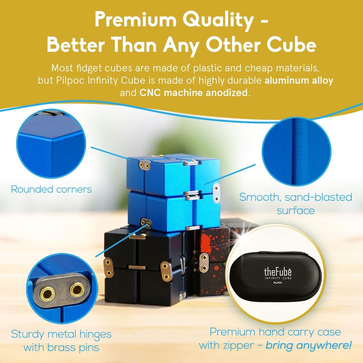 PILPOC theFube Infinity Cube Fidget Desk Toy - Aluminum Infinite Magic Cube with Case, Sturdy, Heavy, Relieve Stress and Anxiety, for ADD, ADHD, OCD (Gold)