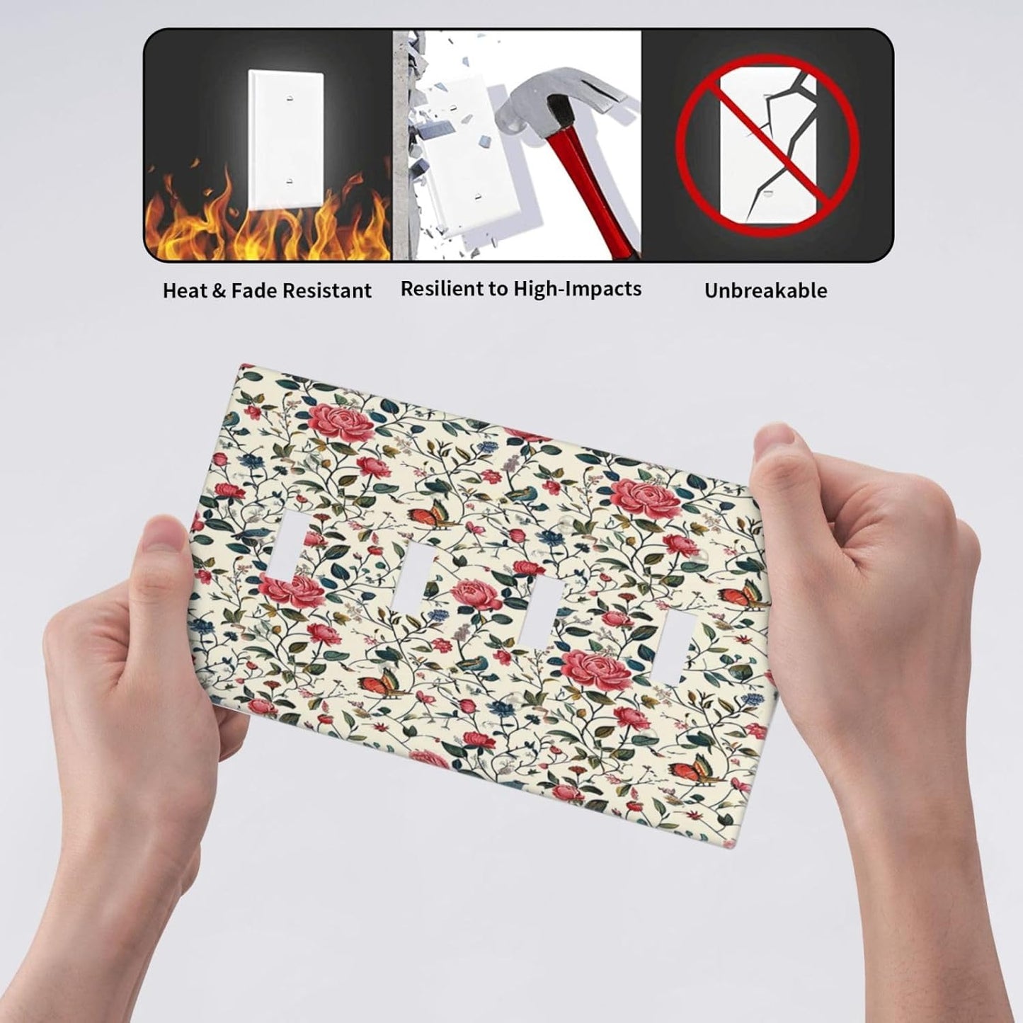 Light Switch Covers Vintage Flowers Rose Leaf Bird Butterfly Quad Toggle Electrical Faceplate 4 Gang Wall Plate Decorative Switch Plates for Bedroom living Room Decor