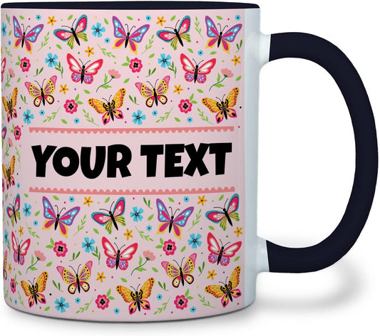 Personalized Mug for Kids - Butterflies - Custom Name/Text, Ceramic Hot Chocolate/Cocoa/Coffee Cup for Girls, Birthday/Christmas/Holiday Gift - 11 oz, Black Handle