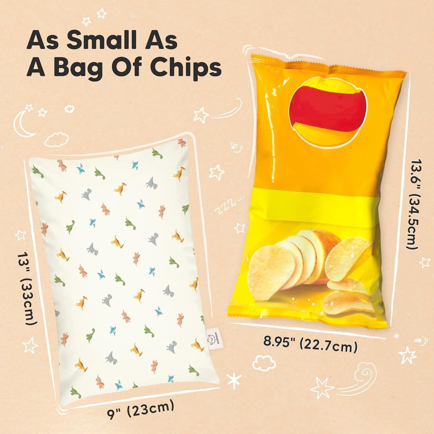 Mini Toddler Pillow with Pillowcase - 9x13 My Little Dreamy Travel Kids Pillow for Sleeping, Toddler Bed, Small, Tiny, Organic Cotton Pillowcase, Soft & Breathable, Kids 2-4 Years Old (Roarsome)