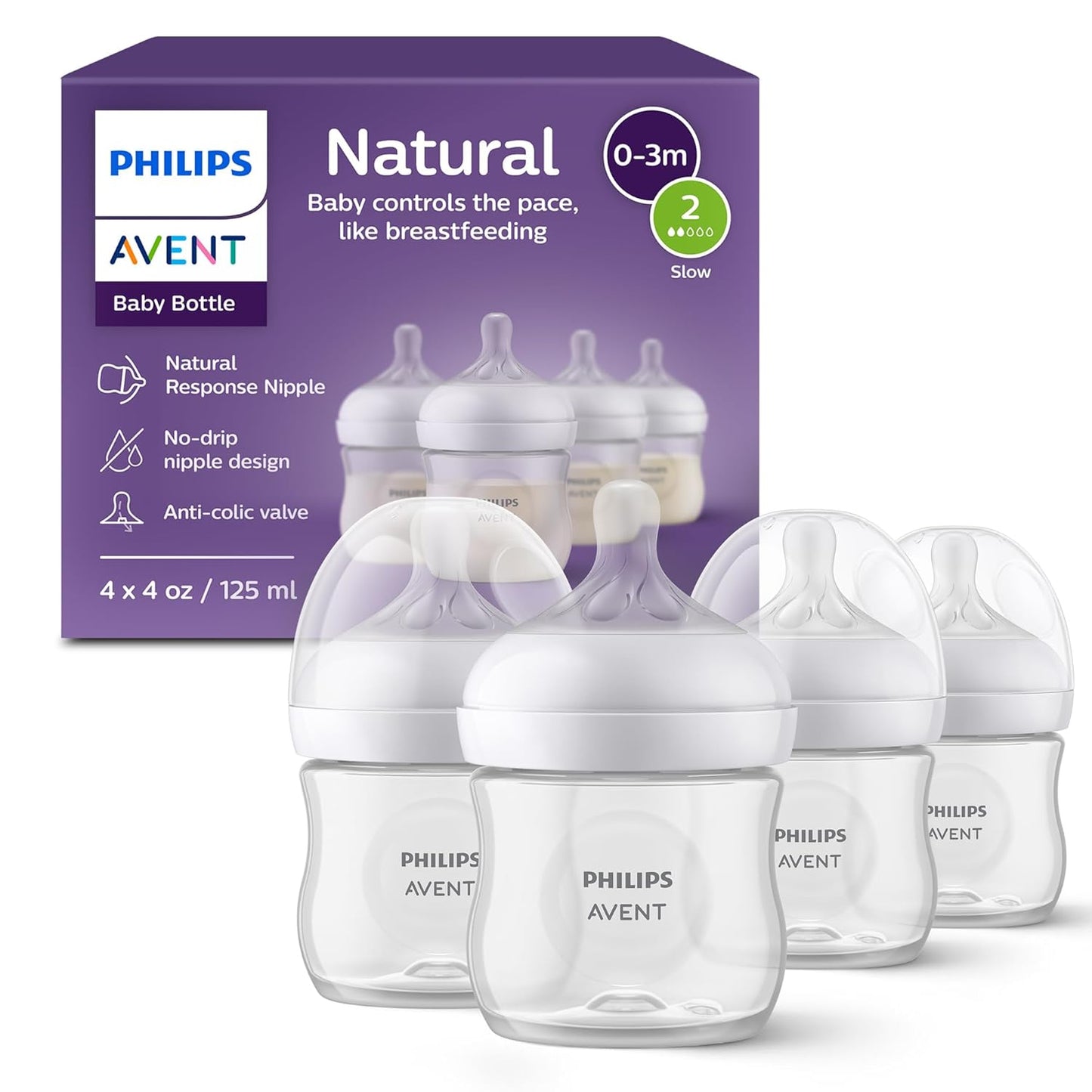 Philips Avent Natural Baby Bottles with Natural Response Nipples (Slow Flow, Flow 2), 4oz, 4-Pack, SCY900/04
