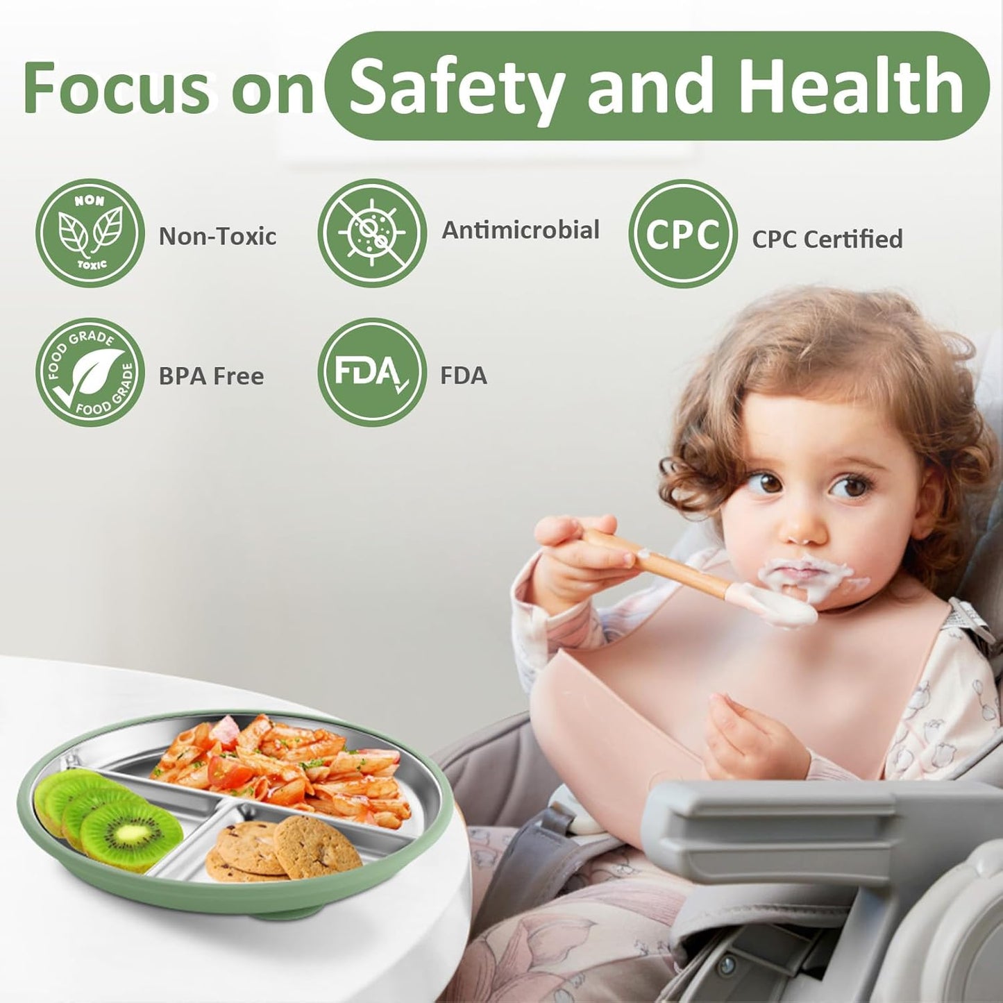 Stainless Steel Toddler Plate with Suction, 9” Divided Plates with Removable Silicone Sleeves for Baby, Non Toxic & BPA Free | Non Slip | Unbreakable Kids Snack Dishes Set of 2, Green & Purple