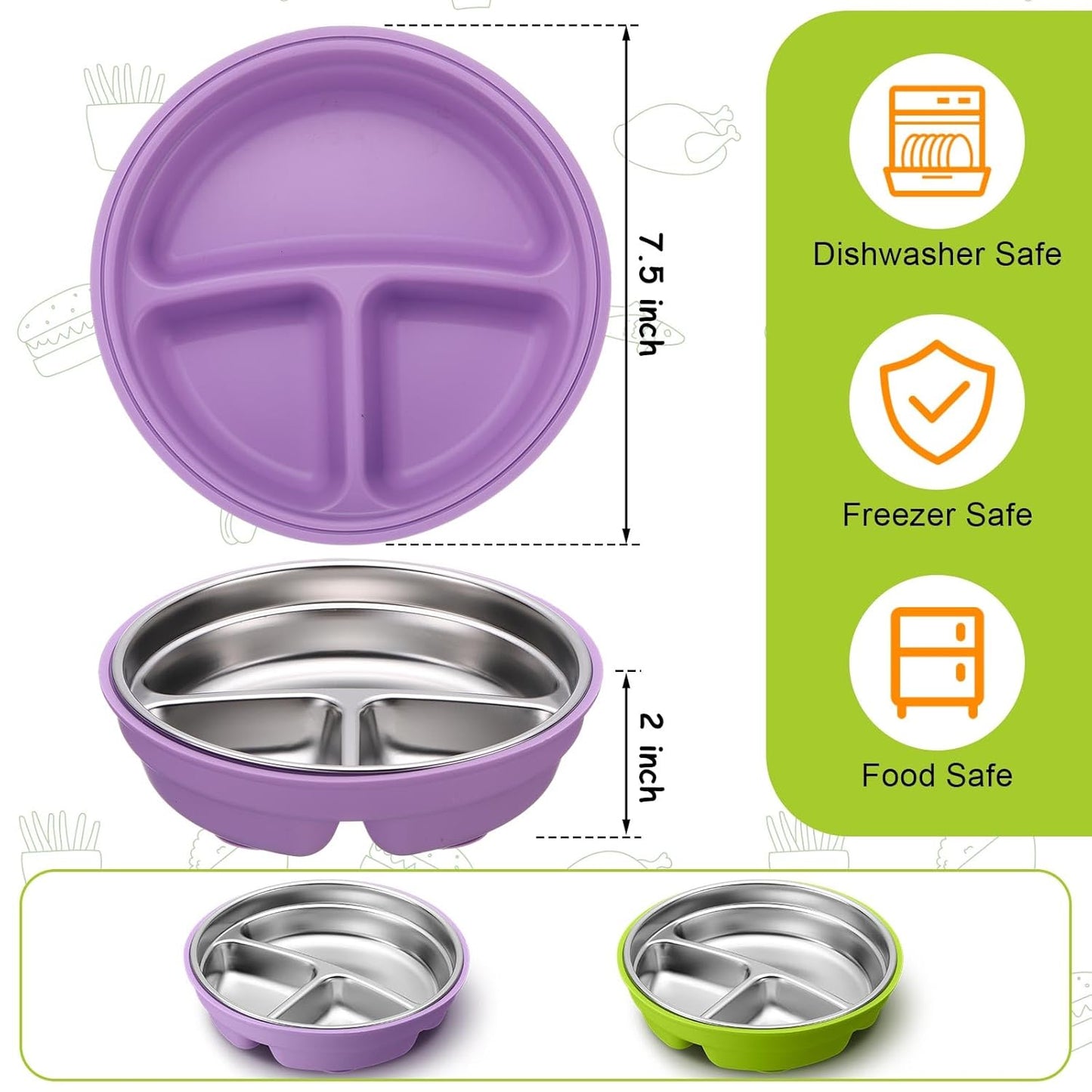 Nuogo 2 Pcs Stainless Steel Baby Suction Plates with Removable Silicone Shell 2-in-1 Metal Toddler Bowl Divided for Picky Eaters Kids Feeding Led Weaning Supplies, Dishwasher Safe (Purple,Green)