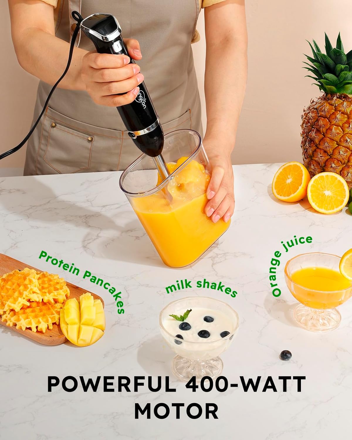 Sangcon 6-in-1 Immersion Blender Handheld, Hand Blender with Chopper & 34oz Blending Cup Storage Base, 2-Speed Adjustable Stick Blender,Stainless Steel Blades, Detachable Blender, Whisk, Milk Frother