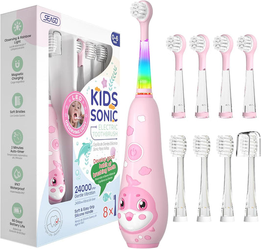 SEAGO Kids Electric Toothbrushes Rechargeable, Toddler Electric Toothbrush with Magnetic Charging, LED Observing Light, 8 Toothbrush Heads for Ages 2-4-6 Boys Girls (Pink)