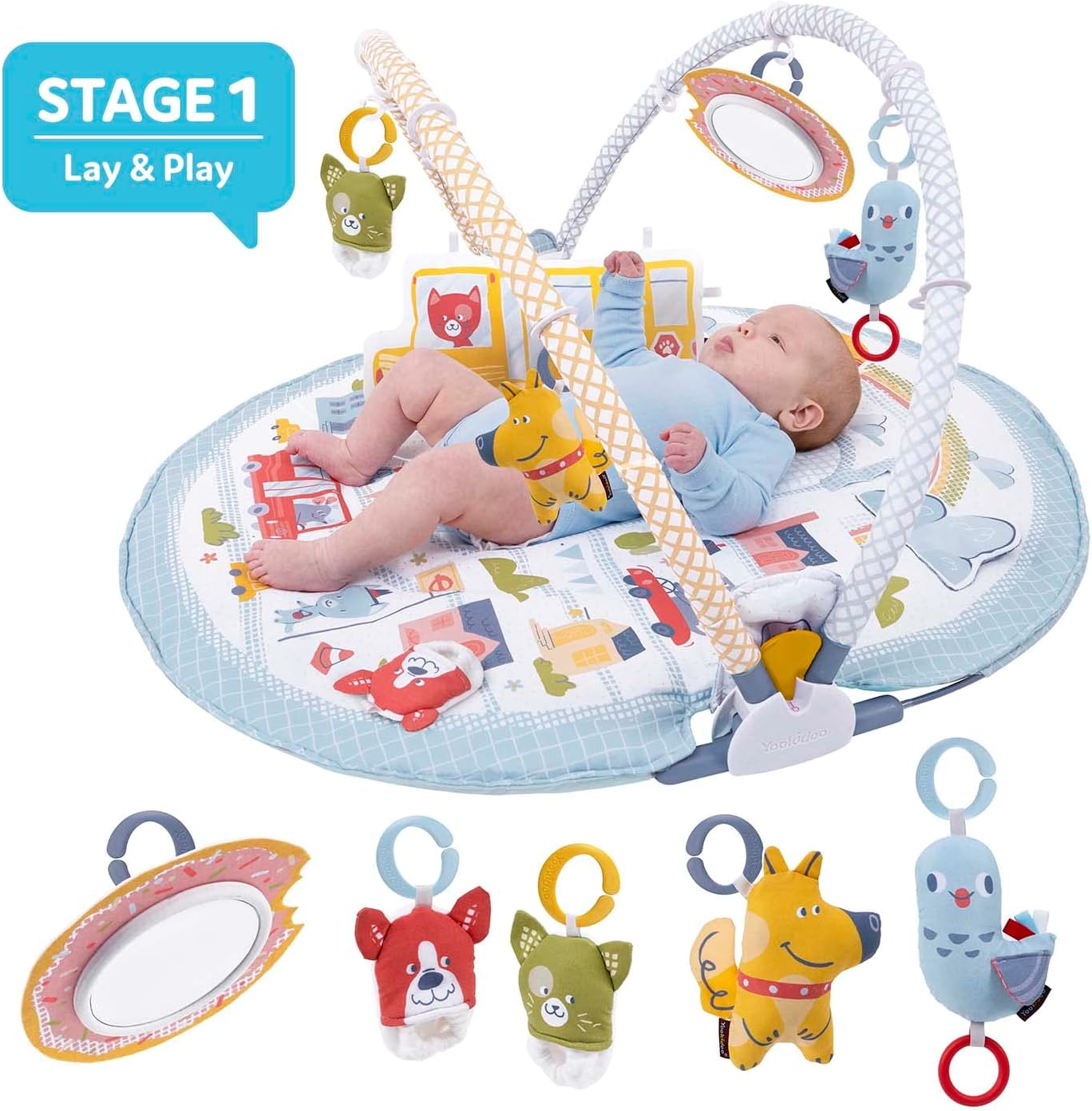 Yookidoo Baby Gym Urban Lay to Sit-Up Playmat. 3-in-1 Newborns Activity Center with Tummy Time Toys, Pillow & Infant Miror. 0-12 Month