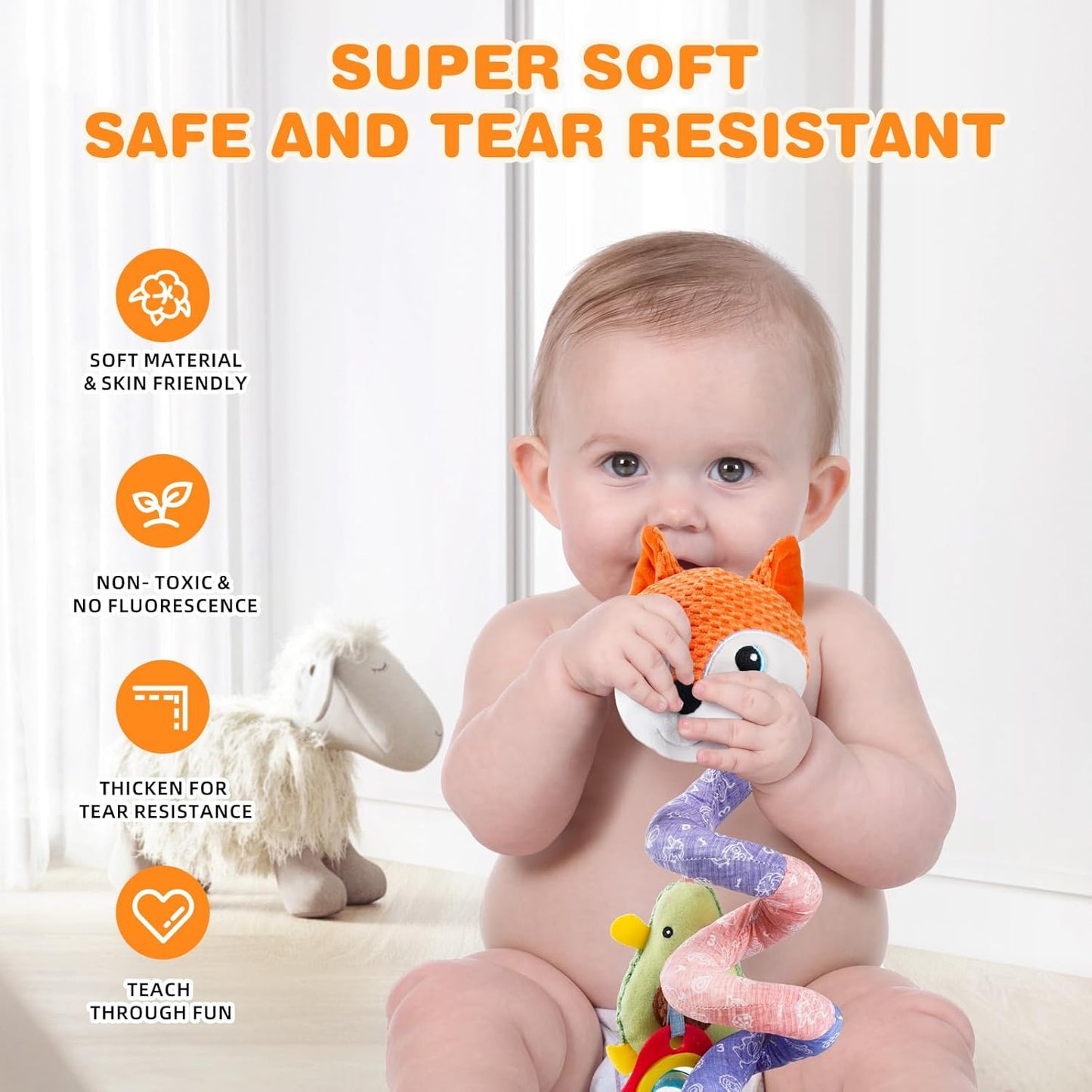 Jollybaby Baby Car Seat Stroller Toys, Plush Activity Hanging Spiral Activity Pram Crib with Music Box, Rattles, Squeaker for Babies Infant Boys Girls(Orange Fox)